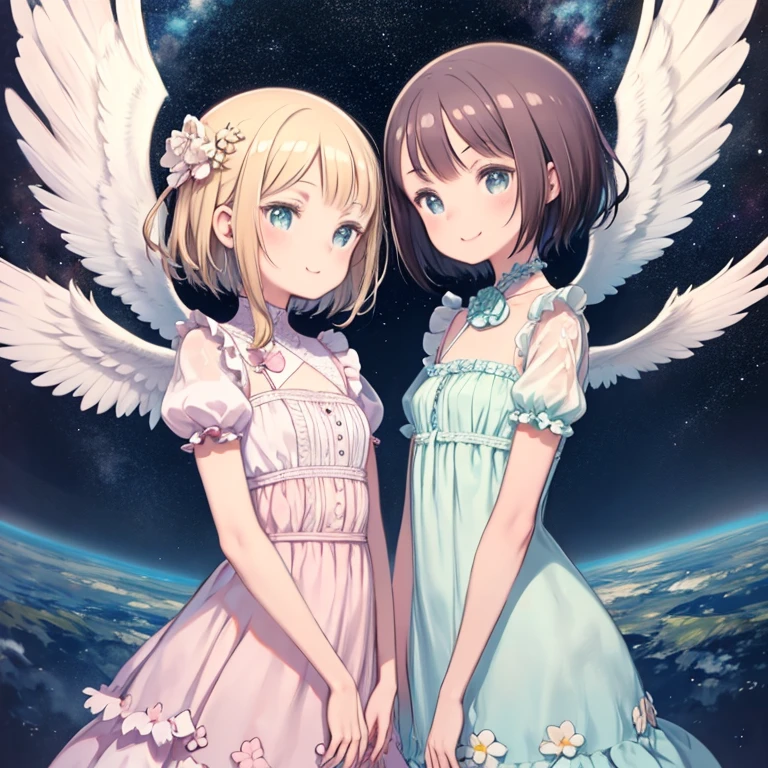 highest quality, Pastel drawing, Serene atmosphere, Twin girl angels, cute, White Wings, smile happily, brown short hair of different colors, Blue-eyed person, Green-eyed person, Dresses in different colors, Flower Hair Ornaments, Upper Body, Looking at the audience, space, meteor, Light,