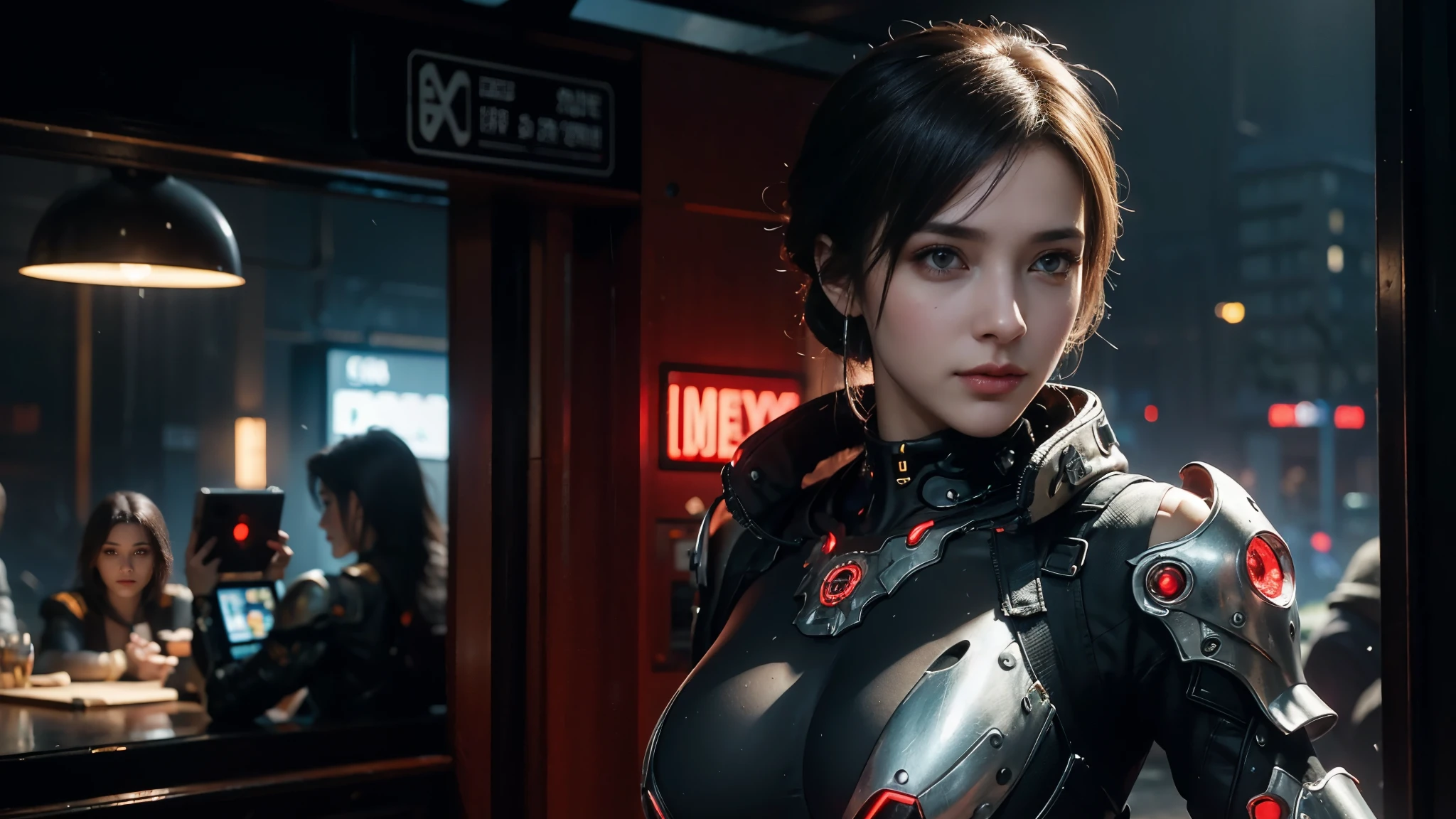 masterpiece,best quality,high resolution,8k,(Portrait Photos:1.5),(R Original Photo),real picture,Digital Photography,(Combination of cyberpunk and fantasy style),(individual),female,Random Hairstyle,Cyberpunk City,street,By Bangs,(red eye breasts, Accessories,Closed mouth,Elegant and charming,Serious and arrogant,Calm and handsome,(Cyberpunk combined with fantasy style clothing,hollow-carved design,Large Breasts,Joint Armor,Photo poses,Realistic style,oc render reflection texture,,futuristic city,Medium distance photography