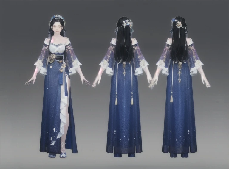 Rear view, front view, multi-view, game character, East Asian character design, exquisite accessories, exquisite patterns, 1girl, long_hair, hair_ornament, dress, flower, hair_flower, gradient_background, multiple_views, gradient, full_body, jewelry, grey_background, chinese_clothes, blue_dress, standing