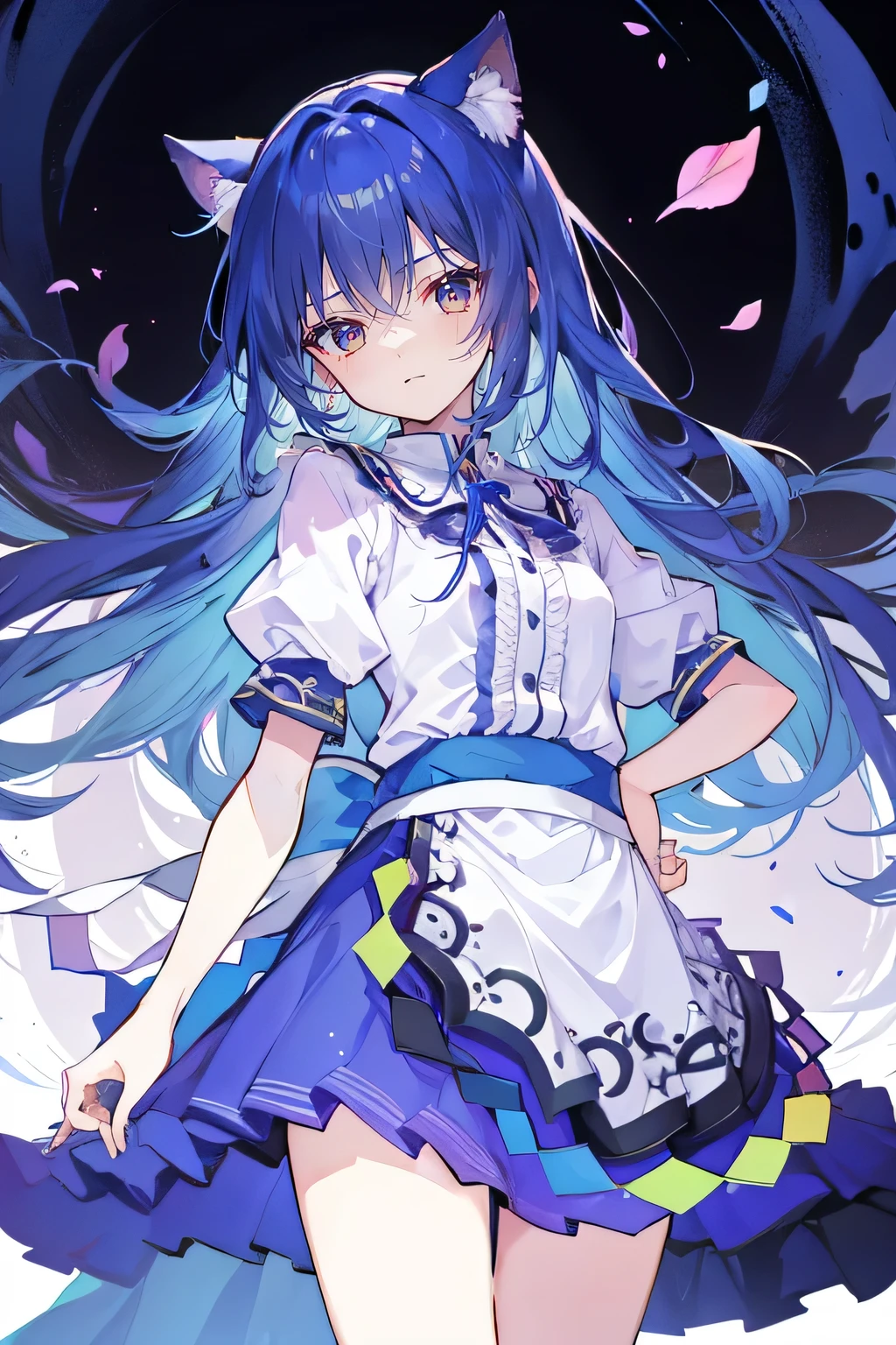 (Masterpiece), best quality, expressive eyes, perfect face, 1girl,
 Put your hands on your waist, fair, gorgeous, Japanese comics, girl, Lola, young angel, blue hair, blue hair, flowing clothes, hug the waist, hug the waist, hands on hips, hands on hips, lay down , lying on the ground, legs on the ground, flat chest, cat ears,Petals fall,dark blue eyes,