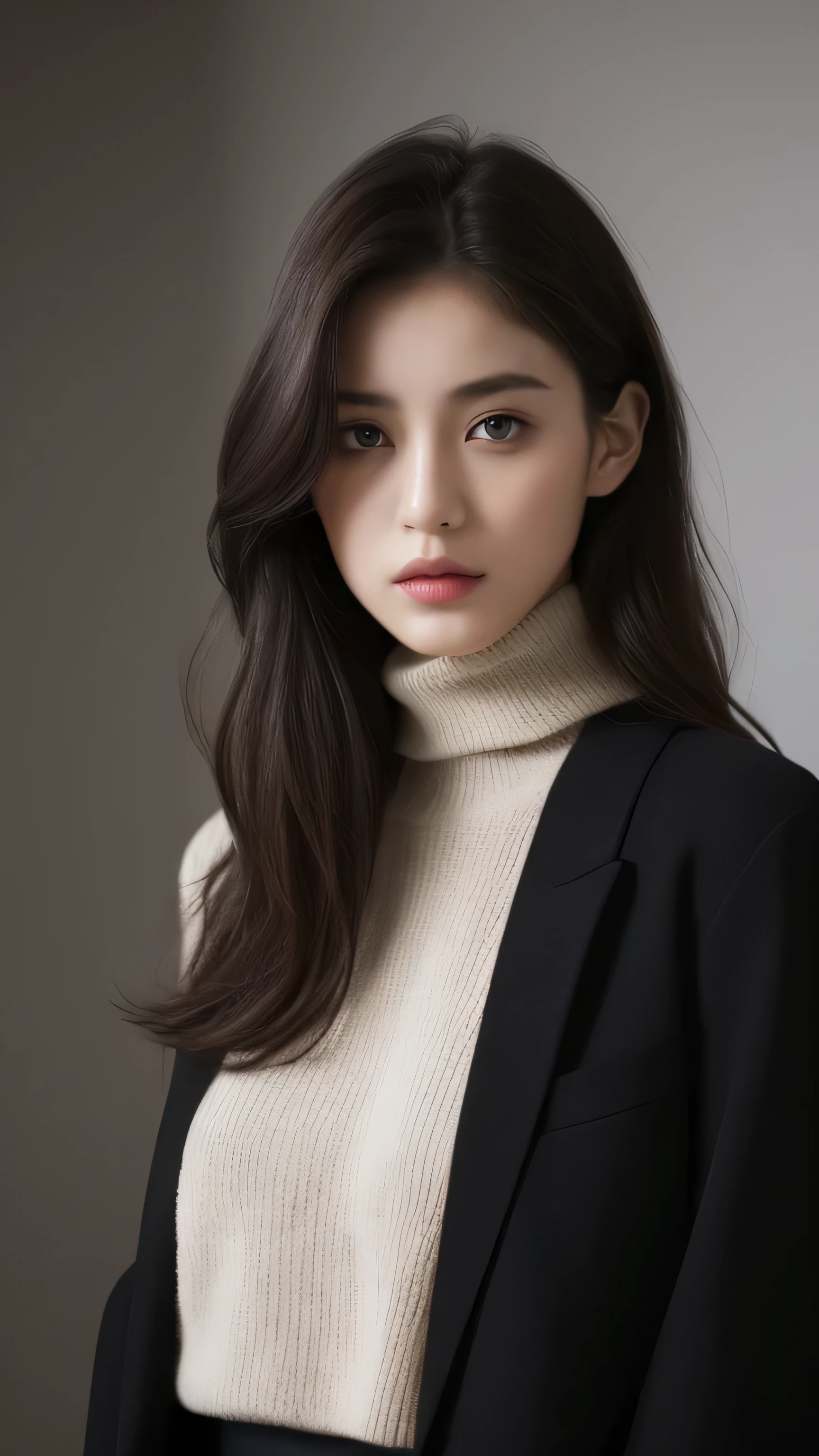 highest quality, Realistically, Super detailed, More about pubic hair, High resolution, 8k wallpaper, 24 year old beautiful woman,Light brown messy hair, arafed woman in a black jacket and a white sweater and black pants, Inspiration, Moody atmosphere, Wearing a turtleneck and jacket, Inspiration, costume photo, black, bag on waist, gray, classic atmosphere, Dark minimalistic outfit, Leaked images, Full body photo, , Modern fashion, Beautiful Eyes, Delicate Hair,