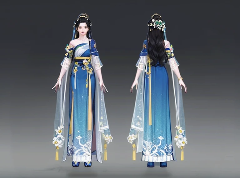 Rear view, front view, multi-view, game character, East Asian character design, exquisite accessories, exquisite patterns, 1girl, long_hair, hair_ornament, dress, flower, hair_flower, gradient_background, multiple_views, gradient, full_body, jewelry, grey_background, chinese_clothes, blue_dress, standing