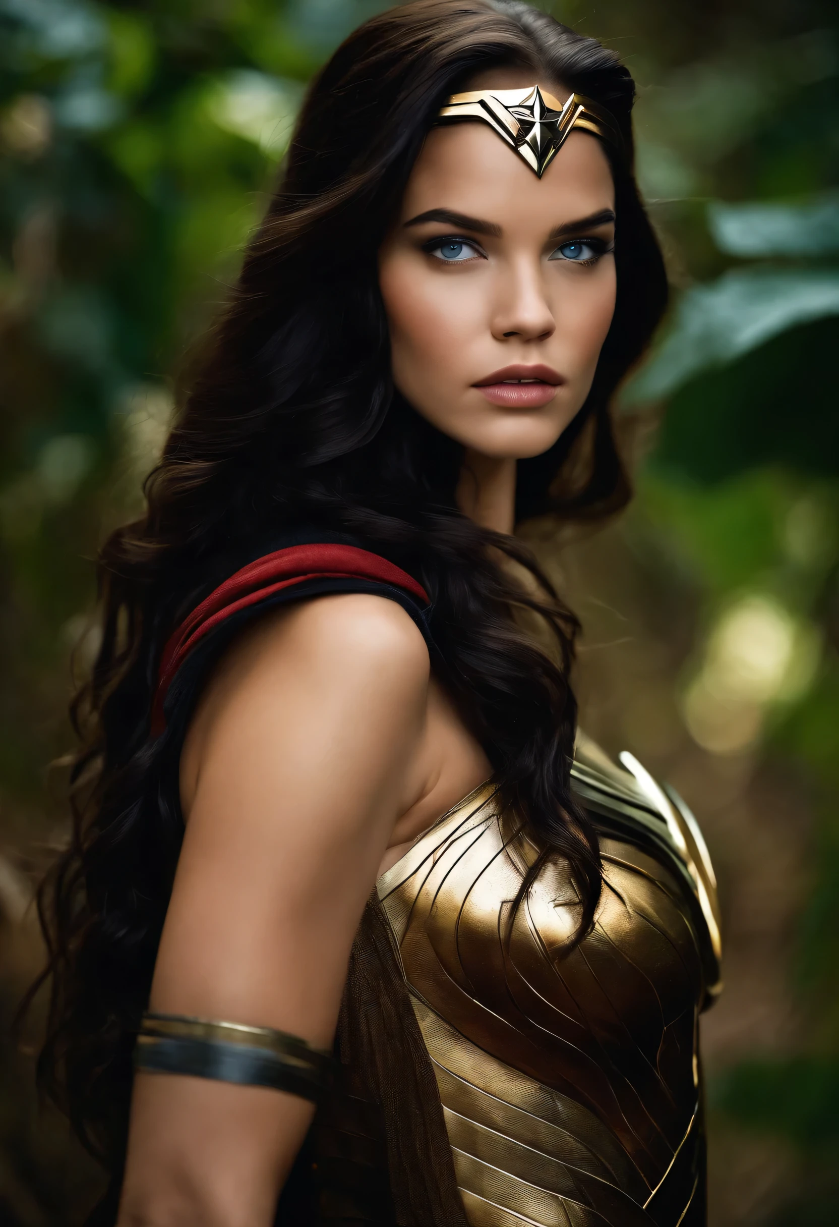 Barbara Palvin under the mantle of the Amazon warrior Wonder Woman original face of the model long black hair surreal image and in high definition HD updated costume