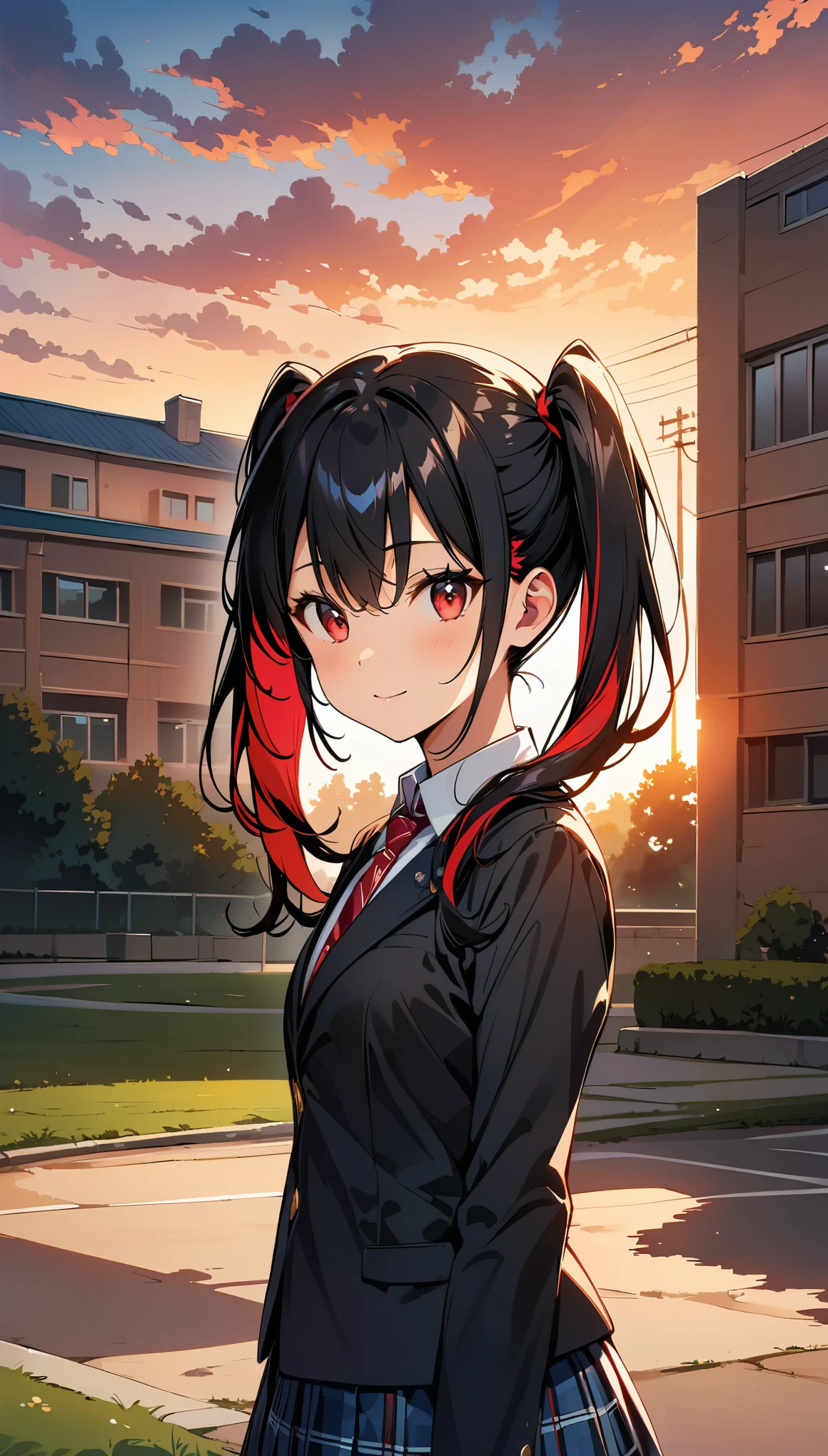 (masterpiece, highest quality:1.2), (Comic Artwork, Comic book style, Very detailed, up to date, Vibrant, digital coloring, High Contrast, masterpiece:1.2, Best Quality, Best aesthetics), 1 gal, We are waiting, ((Black Hair, High twin tails with red inner color:1.9)), Red eyes, (Sharp face), glossy lips, smile, clavicle, Pretty face, (Small face), Beautiful Eyes, Long eyelashes, Slender, Blue plaid pleated skirt:1.5, Red tie:1.5, Black blazer, (Private School Uniforms), School grounds, evening, Illuminated by the setting sun, Soft lighting,