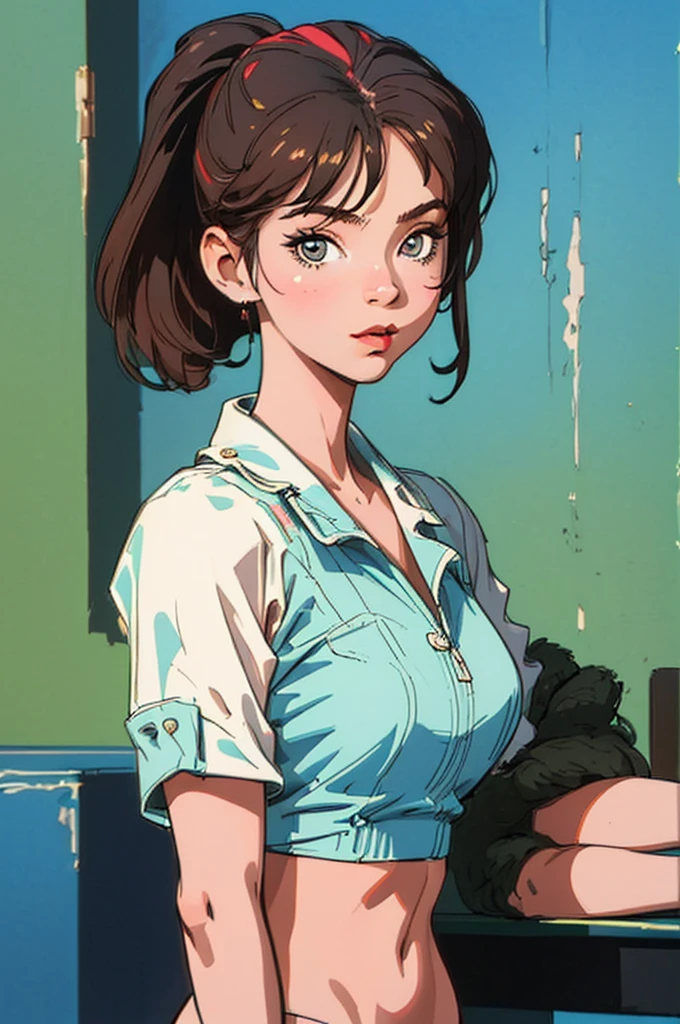 (best quality, masterpiece), 1girl, 1980s \(style\), looking at viewer, pinup \(style\), upper body,