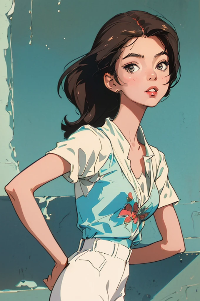 (best quality, masterpiece), 1girl, 1980s \(style\), looking at viewer, pinup \(style\), upper body,