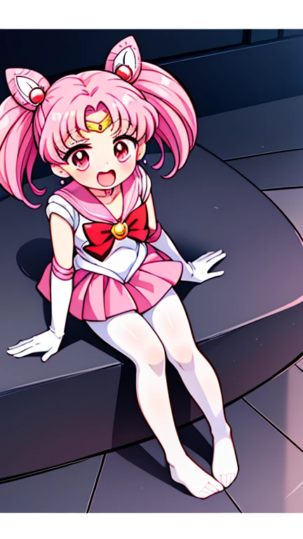 Sailor Moon,young年,Seven years old,cute,(Little Loli),Pink hair twintails,short hair,Sailor Suit,Red bow,White elbow gloves,Red Skirt,No shoes,Open your mouth,laughing out loud,Fangs,(White pantyhose),soles of feet,Soles,(young),(little man),sit