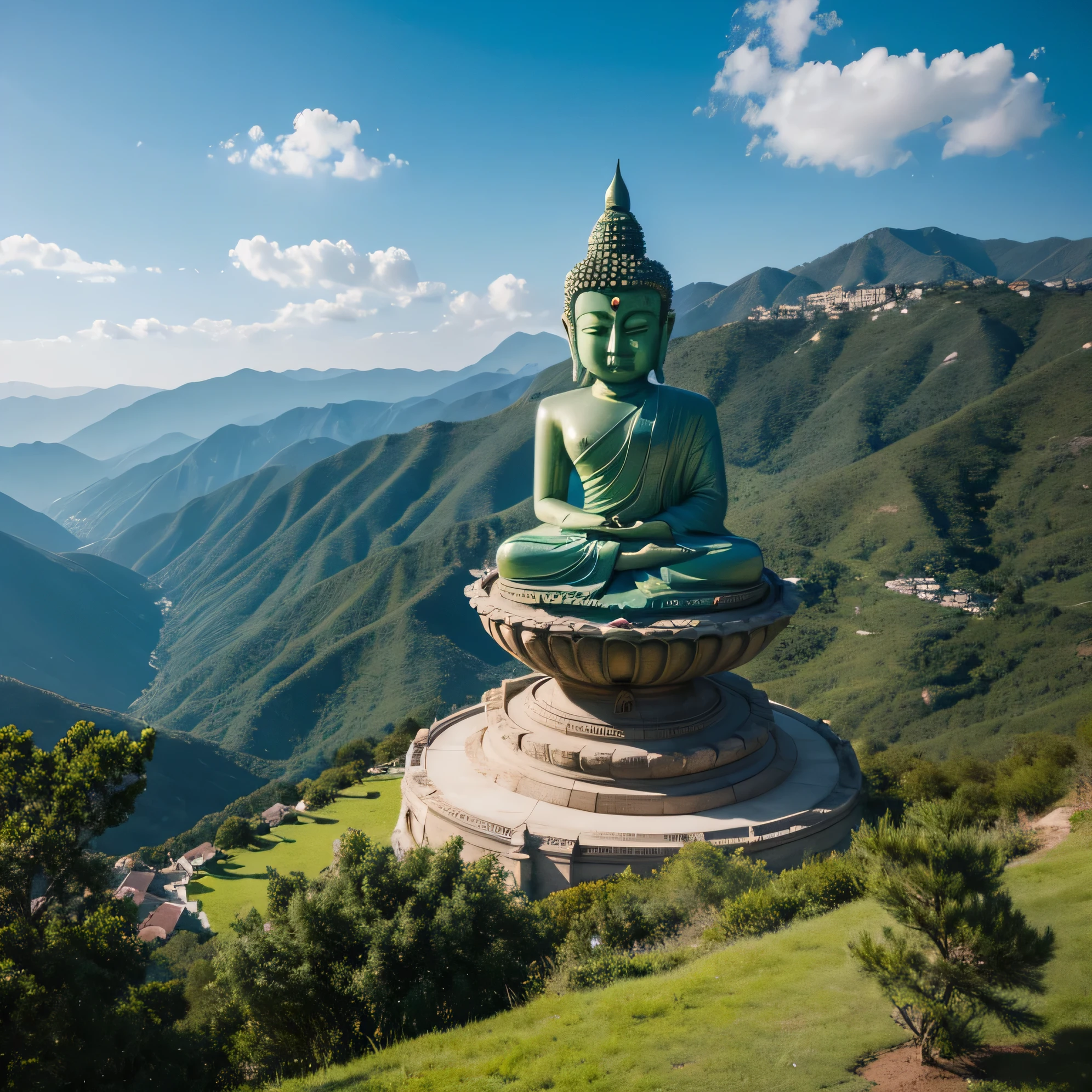 a green buddha statue on the top of a hill, in the style of hyper-realistic atmospheres, video montages, hindu art and architecture, mote kei, exaggerated facial features, travel, aerial view