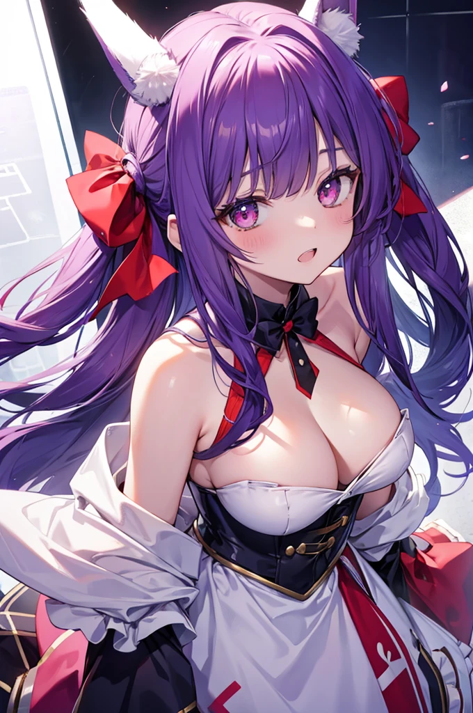 Fox Girl, Big Breasts, Voluminous purple hair, masterpiece , Red eyes、Double teeth、tooth、Blushed cheeks、 hd, from head to chest, buried in my chest、Underbust、Cleavage、Bunny girl