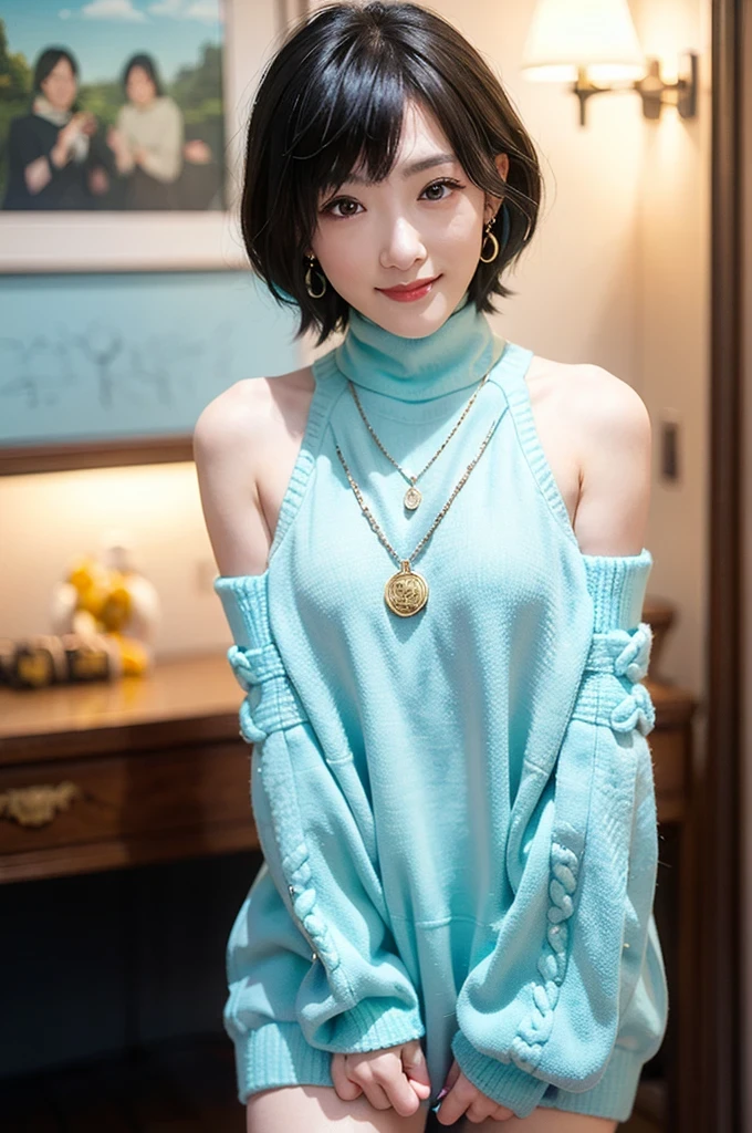 (red lips:1.4), full body, (turtleneck cable knit oversize sweater dress:1.2), , 1girl,solo,
(8k, RAW photo, best quality, masterpiece:1.3),(realistic, photo-realistic:1.37),realistic skin texture,(photorealistic:1.3),(hyperrealistic:1.2), (short hair:1.4) , seducting pose, (cyan colored clothes:1.7), (cyan hair:1.7), (seducting smile:1.4), (detached sleeves:1.4), (cheek dimples:1.4), (narrow shoulders:1.7), earrings, golden necklace,