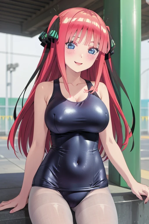 best quality, ultra-detailed masterpiece, anime art style, cute characters, nino nakano, one-piece swimsuit, large breasts, pantyhose, blush, smile