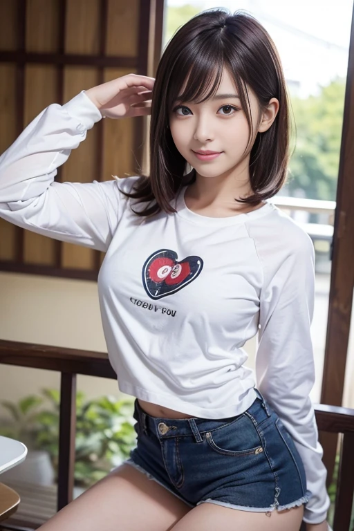 cute japanese college student、21 years old、Super detailed face、Attention to detail、double eyelid、Beautiful thin nose、Sharp focus:1.2、Beautiful woman:1.4、(Brunette colored hair、Medium Bob Hair)、（Detailed facial features）、Brunette eyes、natural bangs、White skin、highest quality、masterpiece、超A high resolution、(Photorealistic:1.4)、非常に詳細でプロフェッショナルな照明のsmile、looking at the camera、Bright lighting、Professional Lighting、Smooth lighting、One person is standing、(Cute long sleeve cycling jersey)、 (Berry Shorts)、Sports shorts、（Outdoor）、hot pants、smile、Big Breasts