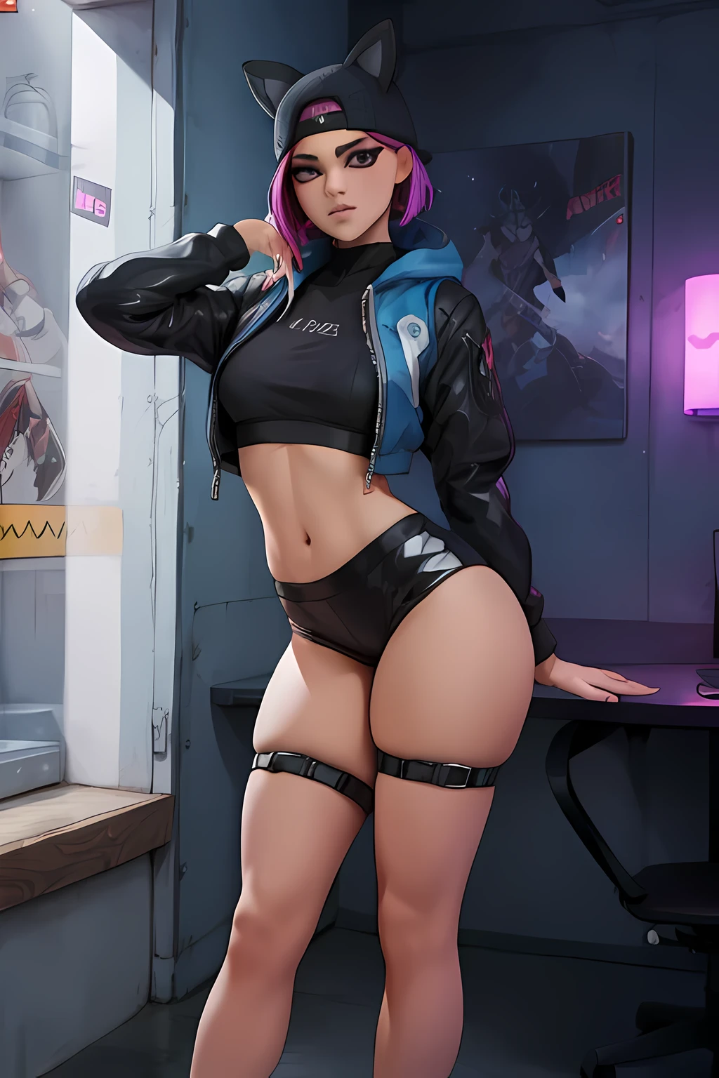😻 lynx Cyberpunk, Noche, pulsera de picos,gorro , shorts negro con Azul leggins Negro ,chaqueta azul oscuro ,Extremadamente detallado, rostro detallado, gafas ,hermoso rostro, ojos finos, mirando al espectador, dynamic pose