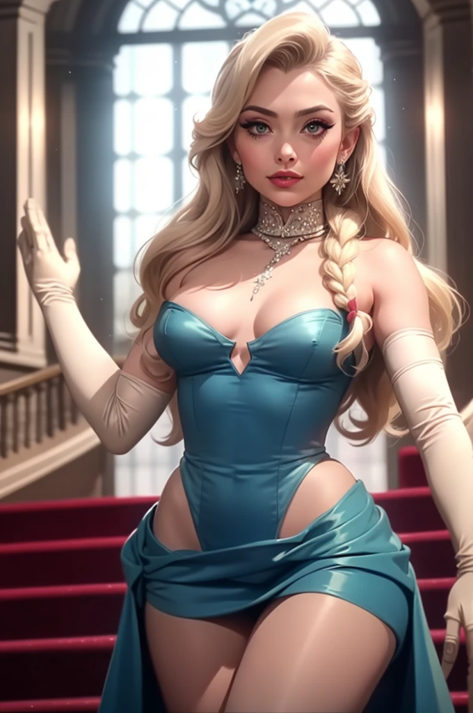 cinematic film still 1girl, solo, photogenic beautiful adult woman, elsa \(frozen\), platinum blonde braid, high detail, high quality, best quality, rim lighting, standing, dr3ss, ((blue dress)), elbow gloves, blonde hair, long hair, jewelry, earrings, makeup, eyeliner, eyeshadow full body, outstretched arms, dark pantyhose, grand hall . shallow depth of field, vignette, highly detailed, high budget, bokeh, cinemascope, moody, epic, gorgeous, film grain, grainy