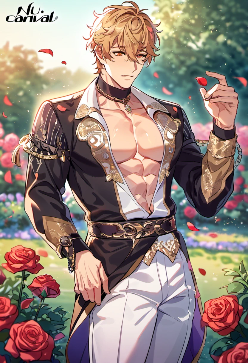 absurdres, highres, ultra detailed, HDR, master piece, best quality, Quincy, blond messy hair, expressive orange eyes, Nu Carnival, solo, sexy man, handsome, fantasy black prince clothes, white pants, accessories, showing the chest, garden, red roses, red petals