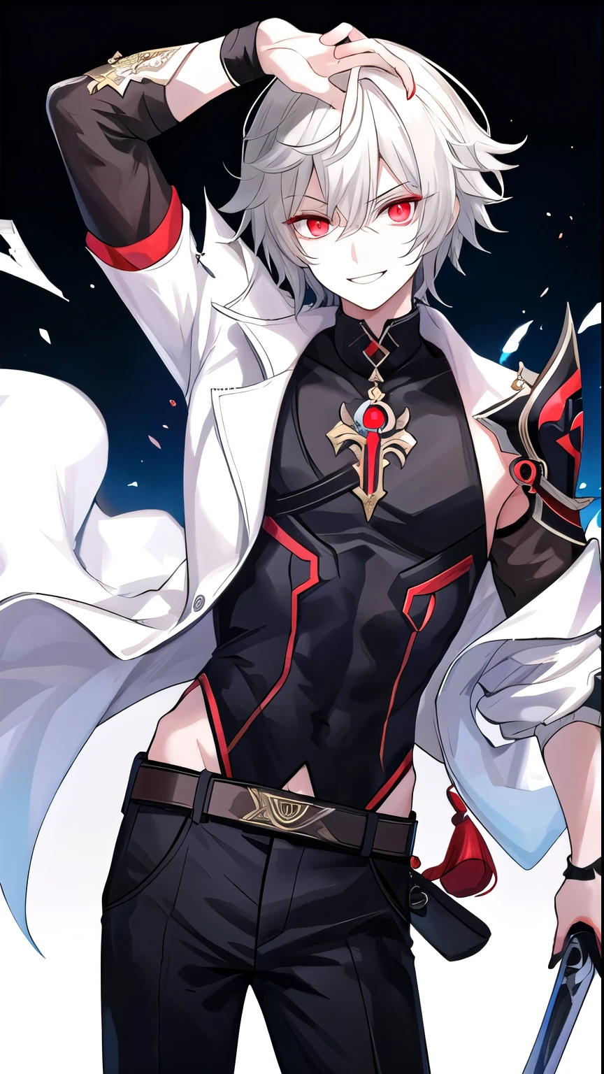 Male young model and has a slim build with a pale complexion. His eyes are black with red "X"-shaped pupils. He has two layers of hair. The first is short, grey, and slightly teased, with a lock on the right side which extends to the shoulders, and bangs that reach his eyebrows with sword dark theme and buring background of genshin impact  as he smiles head tilted to the side 