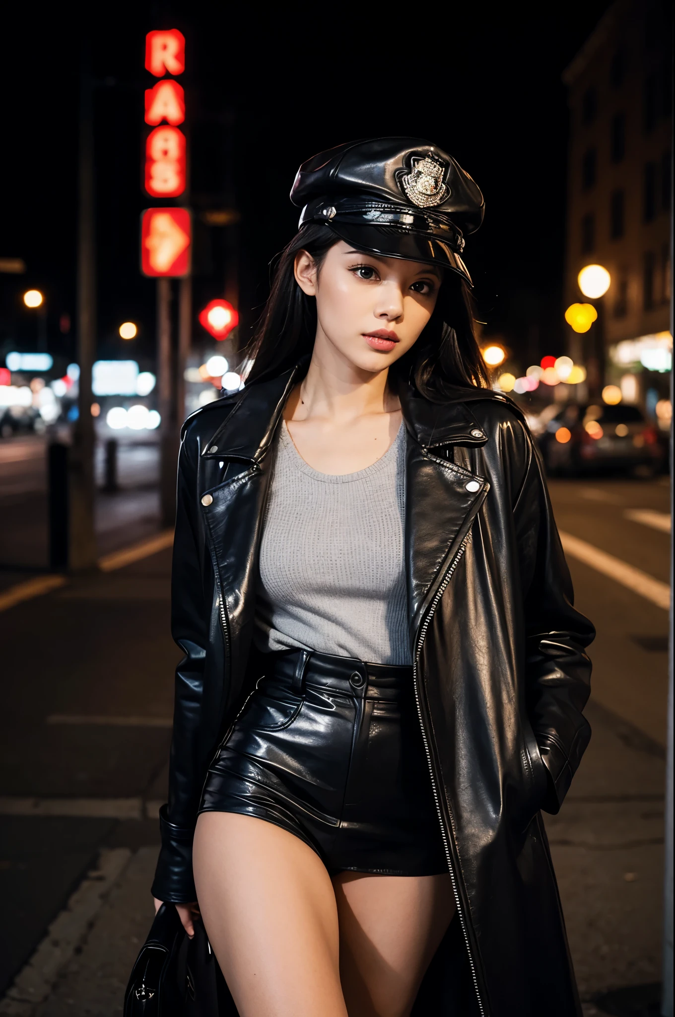 black police hat & leather black coat