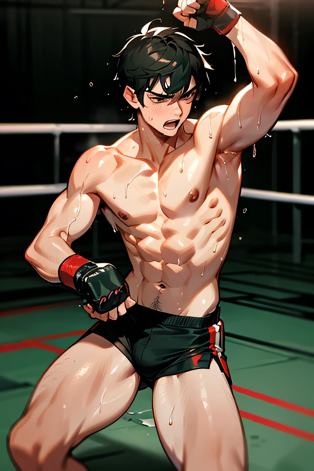 shirtless handsome manly short black hair caucasian malemma fighter, mma gloves, mma shorts, sweat-drenched, soaking wet, drenched with sweat, sweating profusely, exhausted, panting, inside the ring