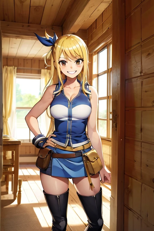 (masterpiece, best quality:1.2), solo, 1girl, lucy heartfilia, grin, looking at viewer, arms behind back, blue sleeveless shirt, miniskirt, belt pouch, thigh boots, ((standing 1.2))