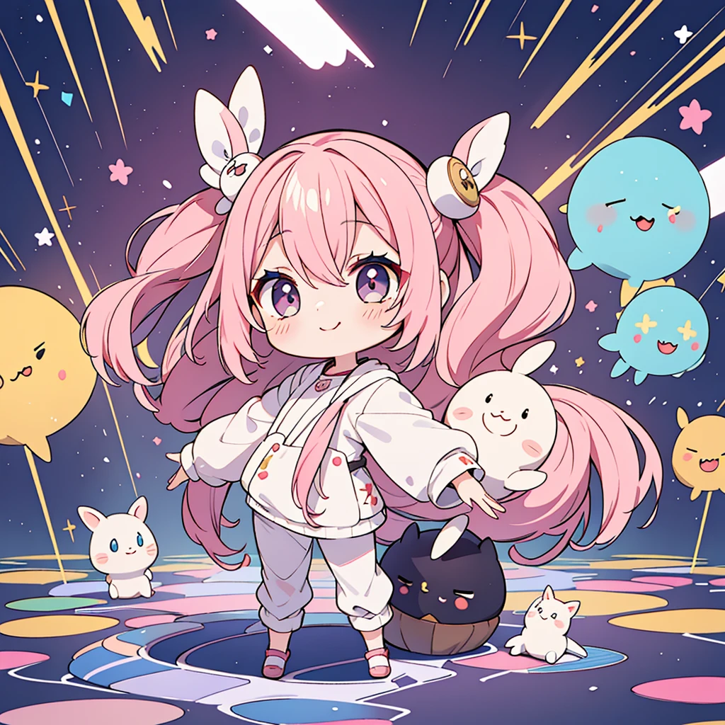 anime,manga,1 girl, Chibi deformed character、alone, shy、Cute atmosphere、black eye,, Long sleeve, bangs,, Raise your arms, Show the whole body, Colorful Hair,Facing forward、 Looking at the audience, Different hair colors, Hair between the eyes, puffy Long sleeve, Mouth closed, Virtual YouTuber,, smile,Loungewear