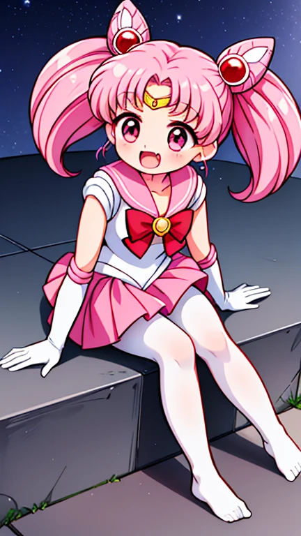 Sailor Moon,young年,Seven years old,cute,(Little Loli),Pink hair twintails,short hair,Sailor Suit,Red bow,White elbow gloves,Red Skirt,No shoes,Open your mouth,laughing out loud,Fangs,(White pantyhose),soles of feet,Soles,(young),(little man),sit