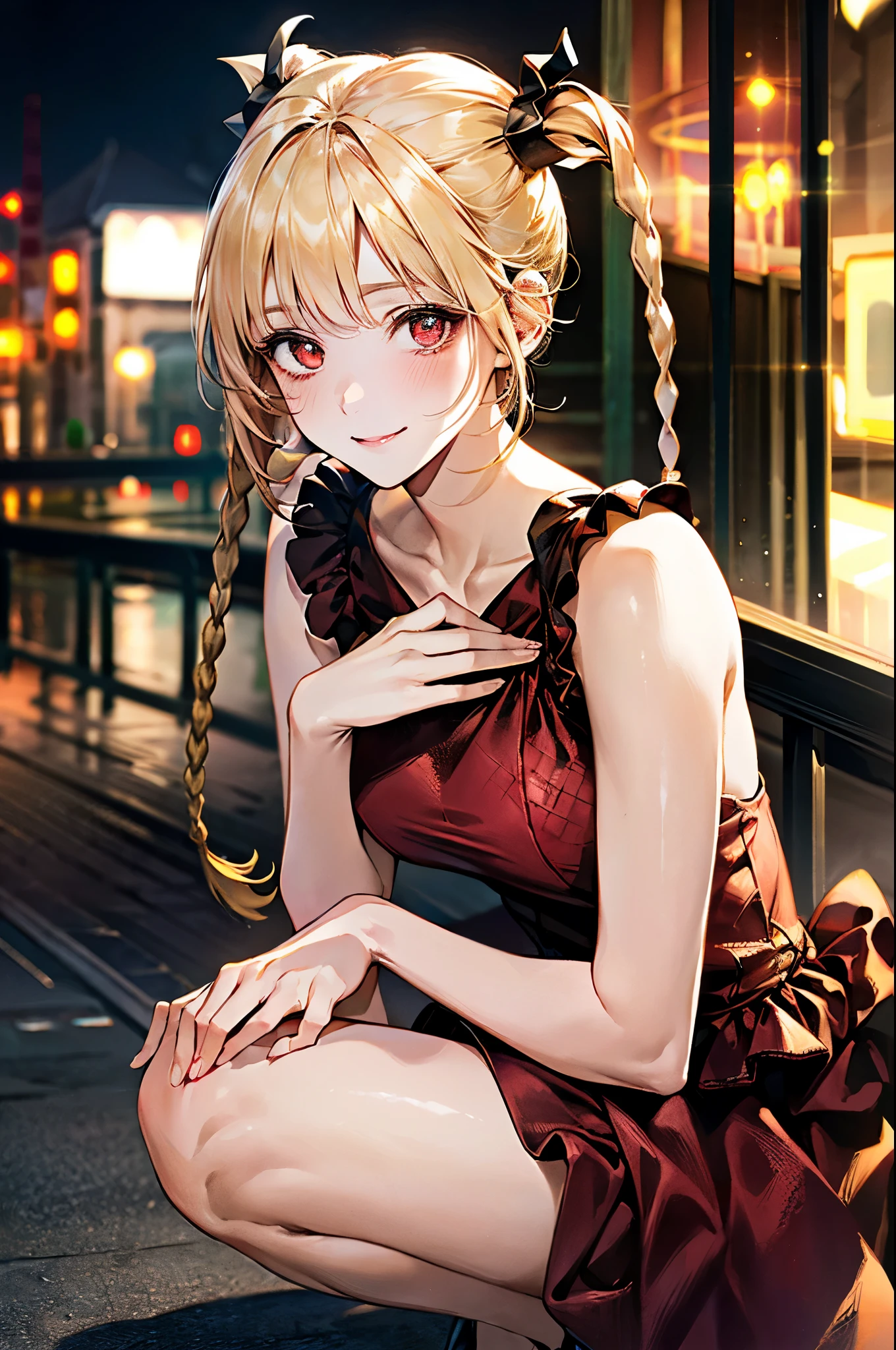 (masterpiece:1.3, top-quality, ultra high res, ultra detailed), (realistic, photorealistic:1.4), beautiful illustration, perfect lighting, natural lighting, colorful, depth of fields, surrealism,
beautiful detailed hair, beautiful detailed face, beautiful detailed eyes, beautiful clavicle, beautiful body, beautiful chest, beautiful thigh, beautiful legs, beautiful hands, white skin, shiny skin,
looking at viewer, (upper body), cowboy shot, 1 girl, cyberpunk girl, (perfect anatomy, anatomically correct), cute and symmetrical face, face, perfect face, perfect eyes, (slim body),
(long hair:1.8, twin-tailed, blonde hair), braids, hairline, brown eyes, radiant eyes, scarlet eyes, long eye lasher, (large breasts, seductive thighs), sheer nipples, sheer breasts,
((detailed cloth texture, toppless, dark red dress, high heels)),
(beautiful scenery), summer, evening, (cityscape), (squatting, versatile sexy poses), , (lovely smile, upper eyes),