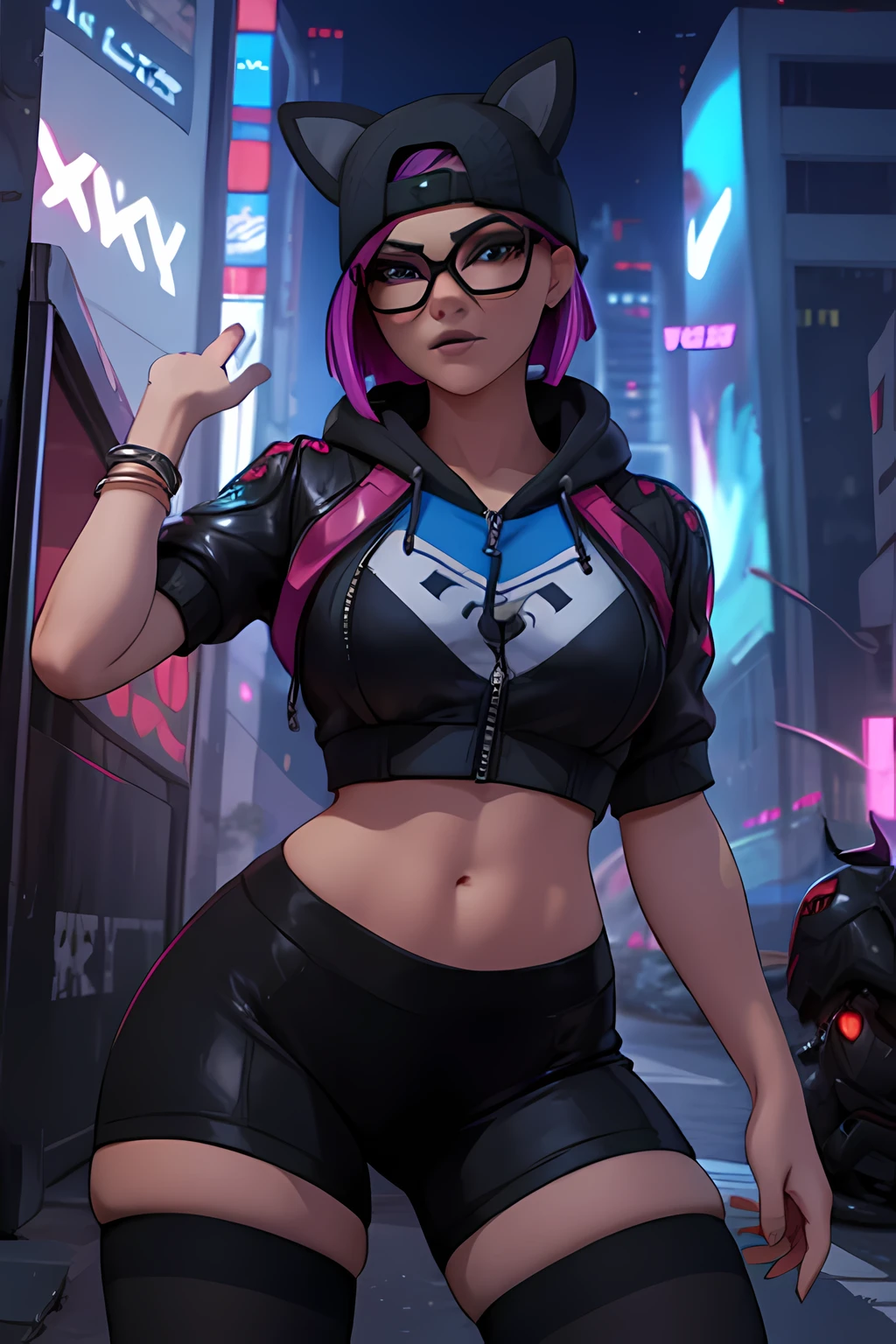 😻 lynx Cyberpunk, Noche, pulsera de picos,gorro , shorts negro con Azul leggins Negro ,chaqueta azul oscuro ,Extremadamente detallado, rostro detallado, gafas ,hermoso rostro, ojos finos, mirando al espectador, dynamic pose 