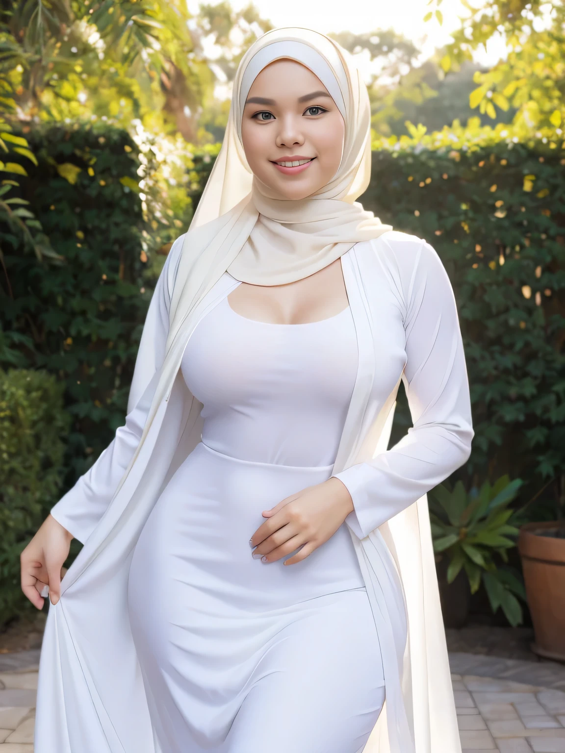 Beautiful, cute , 16 Years  Wozniacki, (wearing hijab), full hijab, sexy long sleeves kebaya dress, slightly Chubby , White Skin, Smiling, porn studio Background, day light,mid shot, full body, Perfect Potrait, Bokeh Effect, Look at Viewer, big breast, ((adorable:1.2)), ((masterpiece:1.1)), ((bokeh:1.2)), buttocks,(naughty seductive poses)