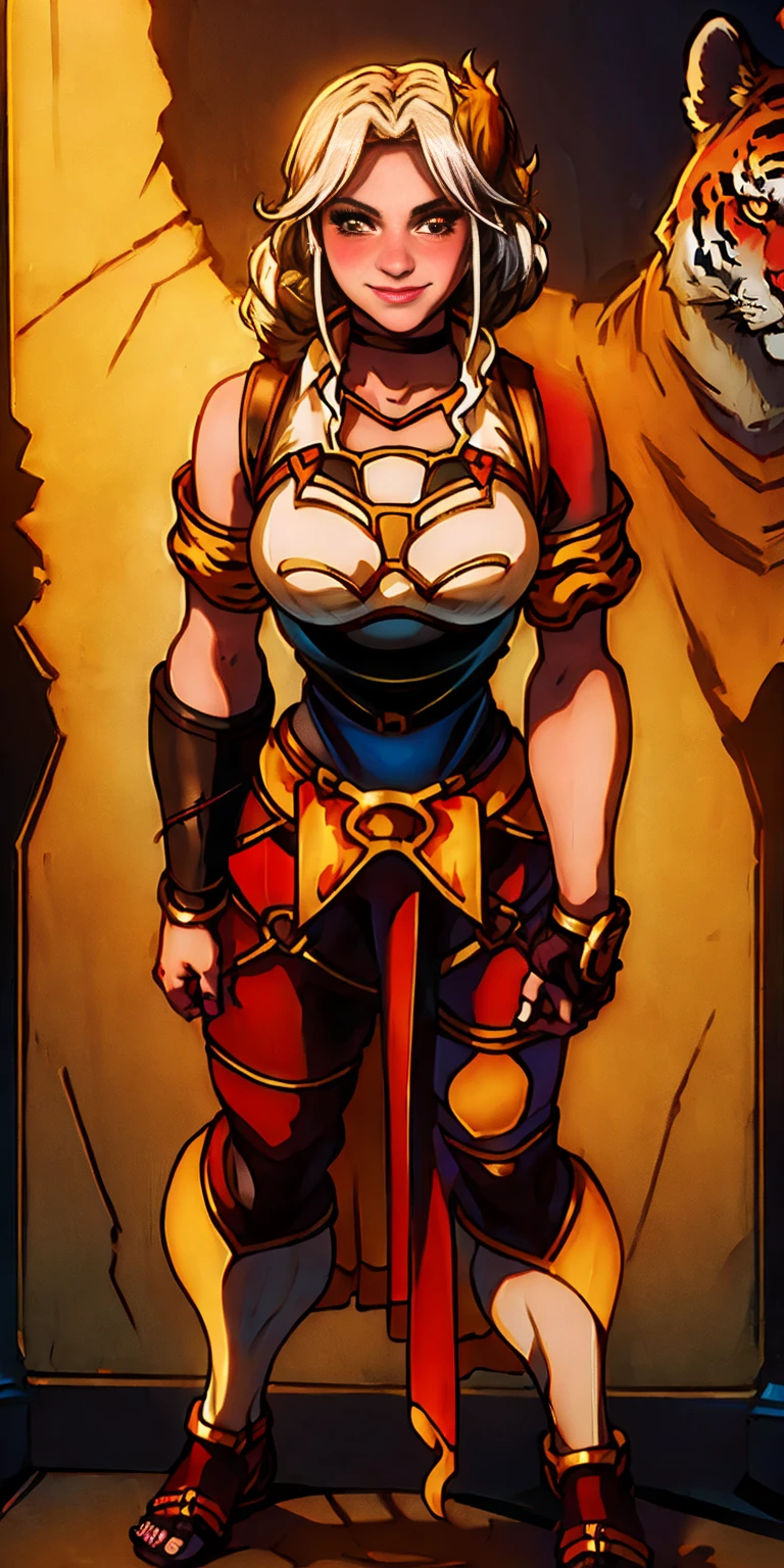 ((BLACK BACKGROUND 1:2, masterpiece)) 1solo female full body standing straight symmetrical with two long thighs and two metal sandals, red eyes like rubies, looking to the viewer, silver white hair, short bob style hair, big knockers breastplate, breastplate, cleavage, tiara royal, long cape up to two feet, yellow bikini (yellow tiger stripes), lustful smirking smiling, smile face (red blushed, red cheeks), pauldrons metal shoulders, gold sleeveless bracelets, separate sleeves, hands on waist hands OR hips, golden bracers, metal handcuffs, leather corset, red loincloth, black leather choker slave collar, shackles bracelets, slave red crest under navel, navel, big belt around waist OR hips, feet together, metal ankles