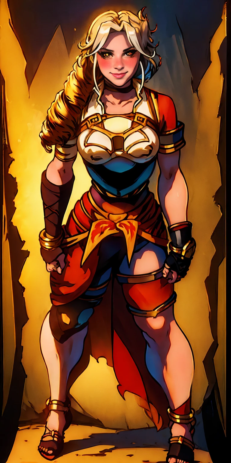 ((BLACK BACKGROUND 1:2, masterpiece)) 1solo female full body standing straight symmetrical with two long thighs and two metal sandals, red eyes like rubies, looking to the viewer, silver white hair, short bob style hair, big knockers breastplate, breastplate, cleavage, tiara royal, long cape up to two feet, yellow bikini (yellow tiger stripes), lustful smirking smiling, smile face (red blushed, red cheeks), pauldrons metal shoulders, gold sleeveless bracelets, separate sleeves, hands on waist hands OR hips, golden bracers, metal handcuffs, leather corset, red loincloth, black leather choker slave collar, shackles bracelets, slave red crest under navel, navel, big belt around waist OR hips, feet together, metal ankles