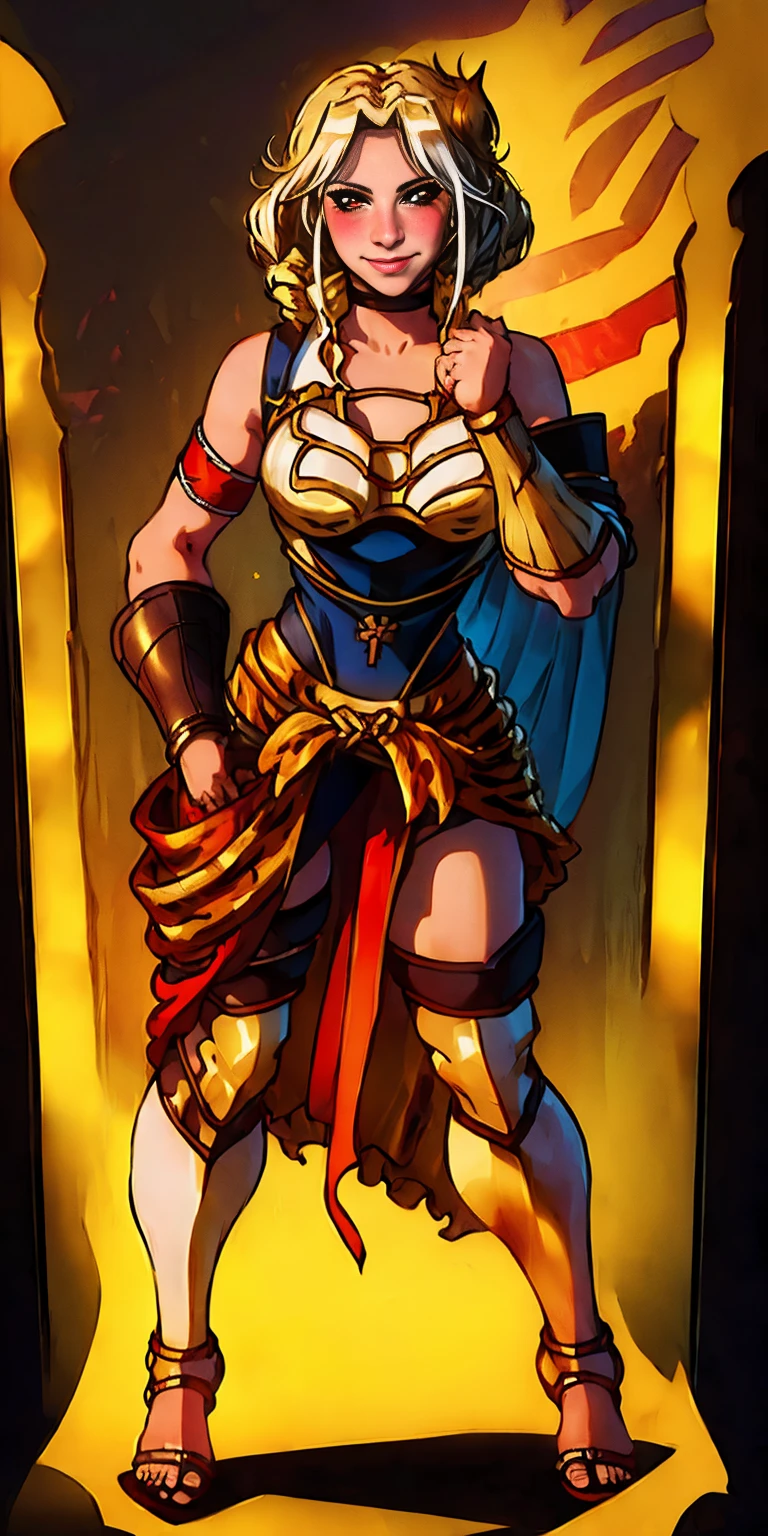 ((BLACK BACKGROUND 1:2, masterpiece)) 1solo female full body standing straight symmetrical with two long thighs and two metal sandals, red eyes like rubies, looking to the viewer, silver white hair, short bob style hair, big knockers breastplate, breastplate, cleavage, tiara royal, long cape up to two feet, yellow bikini (yellow tiger stripes), lustful smirking smiling, smile face (red blushed, red cheeks), pauldrons metal shoulders, gold sleeveless bracelets, separate sleeves, hands on waist hands OR hips, golden bracers, metal handcuffs, leather corset, red loincloth, black leather choker slave collar, shackles bracelets, slave red crest under navel, navel, big belt around waist OR hips, feet together, metal ankles