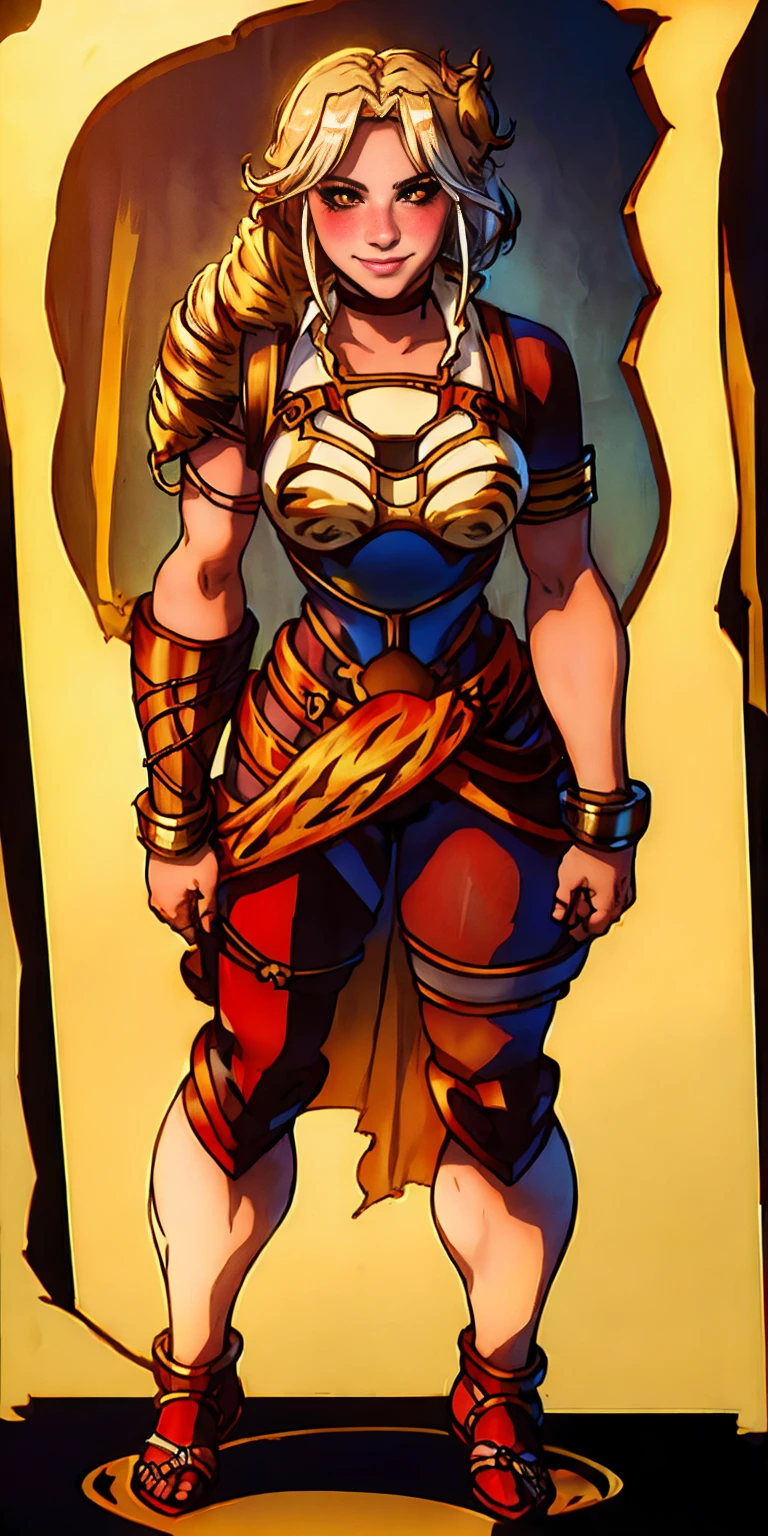 ((BLACK BACKGROUND 1:2, masterpiece)) 1solo female full body standing straight symmetrical with two long thighs and two metal sandals, red eyes like rubies, looking to the viewer, silver white hair, short bob style hair, big knockers breastplate, breastplate, cleavage, tiara royal, long cape up to two feet, yellow bikini (yellow tiger stripes), lustful smirking smiling, smile face (red blushed, red cheeks), pauldrons metal shoulders, gold sleeveless bracelets, separate sleeves, hands on waist hands OR hips, golden bracers, metal handcuffs, leather corset, red loincloth, black leather choker slave collar, shackles bracelets, slave red crest under navel, navel, big belt around waist OR hips, feet together, metal ankles