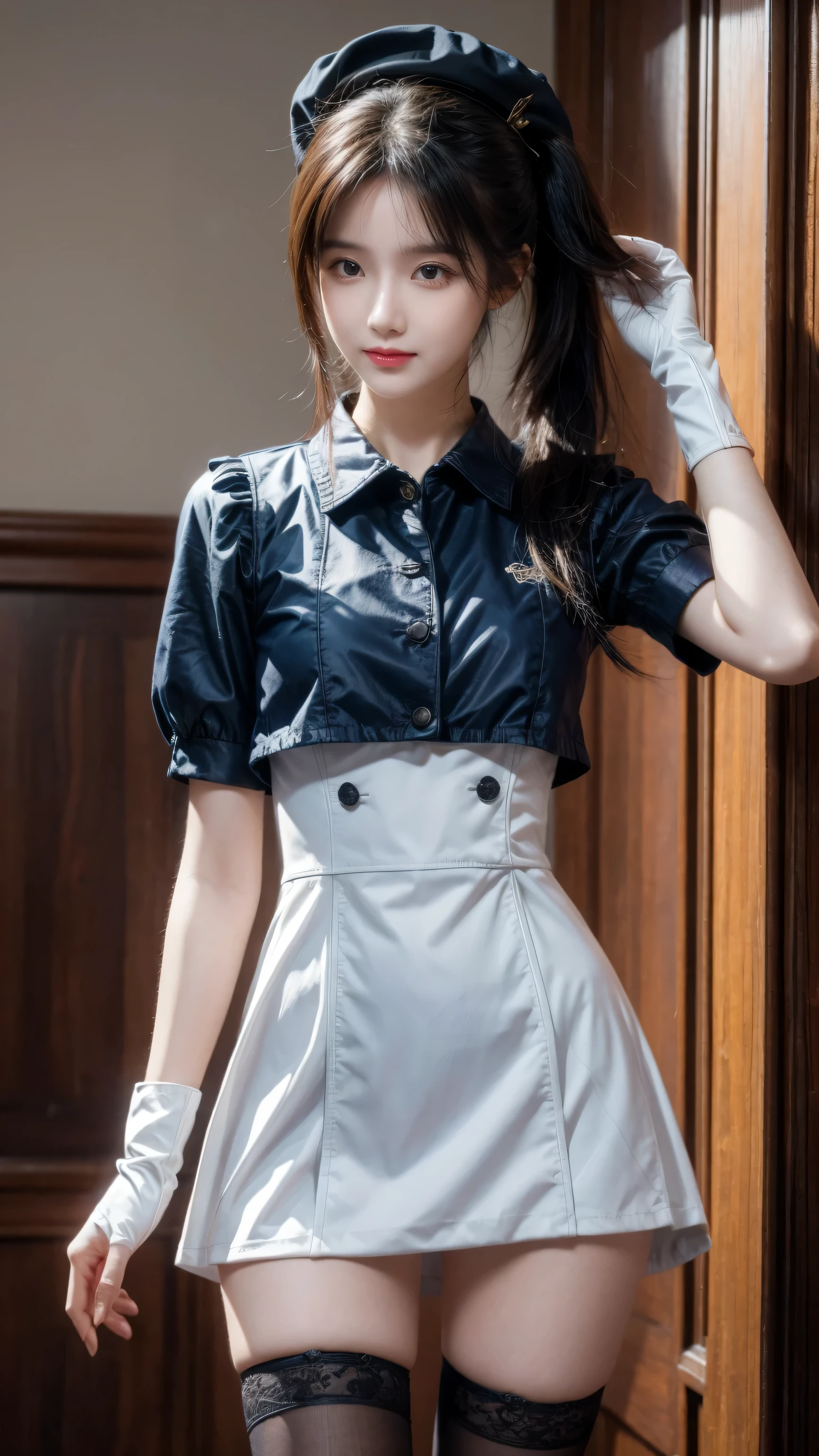 2D, masterpiece, best quality, Japanese cartoons, The face is rich in detail, Very detailed eyes, Very detailed background, Perfect lighting, Cowboy shooting, 1 Girl, Solitary, Archie Rosenthal, Collared dress, Short skirt, Short sleeve, blue jacket, Black over-the-knee stockings, falling hair, Long hair, Low double ponytail, bob cut, tie, hat, White gloves, Elbow gloves, Wide , Smile, permanent, Spacecraft interior 