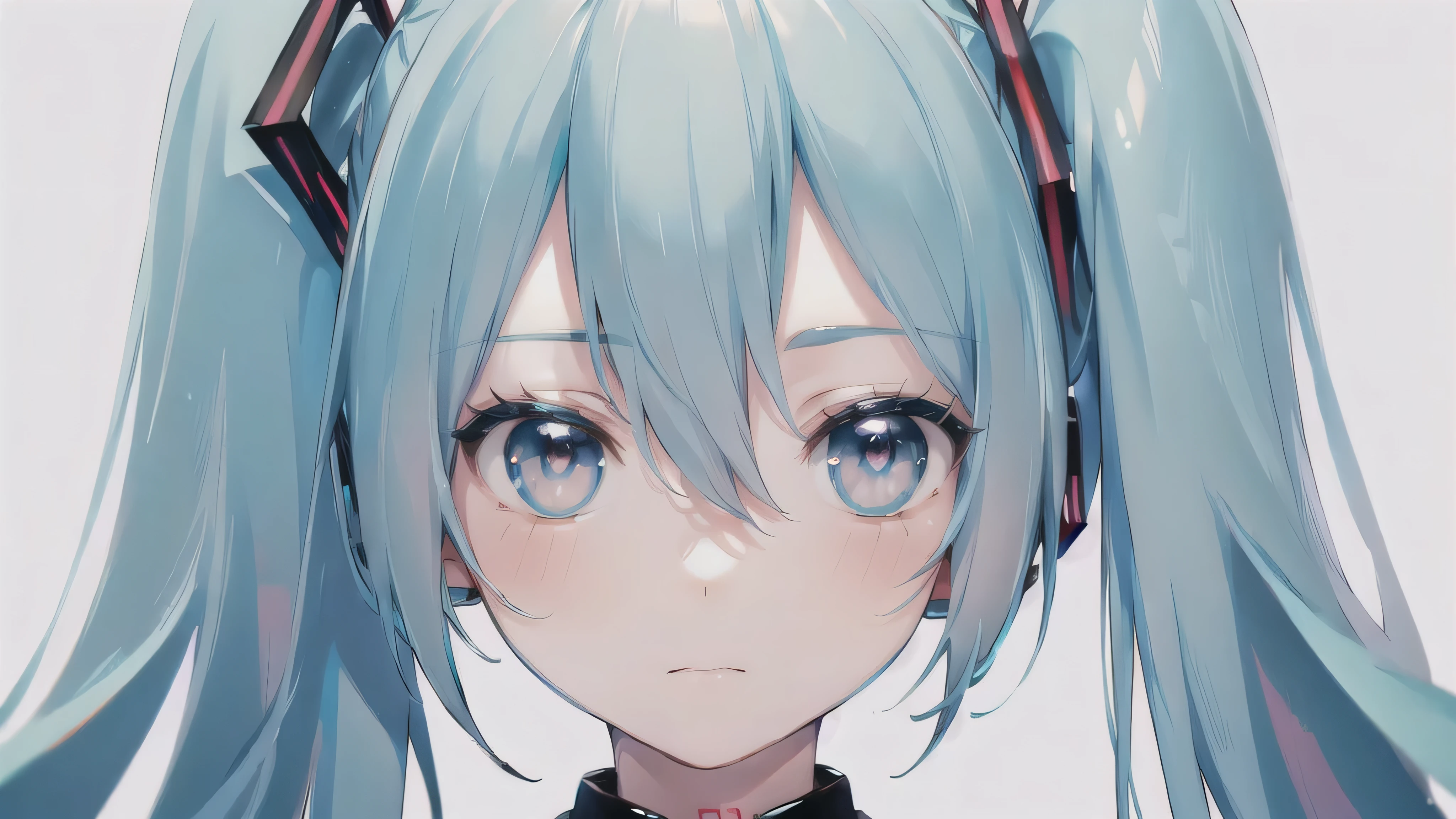 (best quality, masterpiece, high resolution, ultra detailed, illustration, detailed skin, intricate eyes, perfect anatomy, detailed face:1.2), (solo, hatsune miku:1.5), (pretty face, short stature, squinting), BREAK (face shot, from front, straight face:1.8), (white back ground, starry eyes:1.4), BREAK (solid white blouse with blue edge, solid white sleeveless clothe with blue edge, solid white collar)