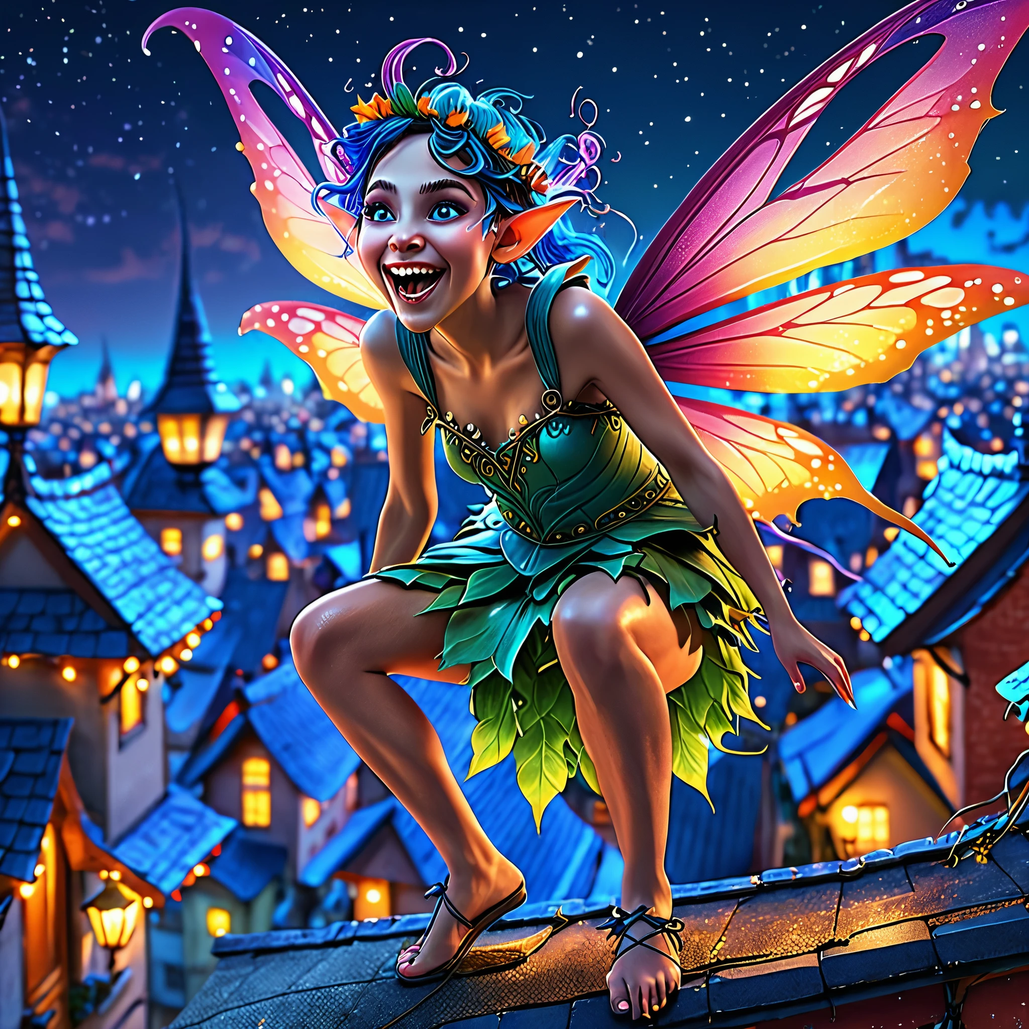 (best quality,4k,highres:1.2),ultra-detailed,(realistic:1.37)
crazy looking fairy, rooftop, triumphantly standing, sack of teeth dangling, city at night
medium: fantasy illustration, vibrant colors, surreal lighting