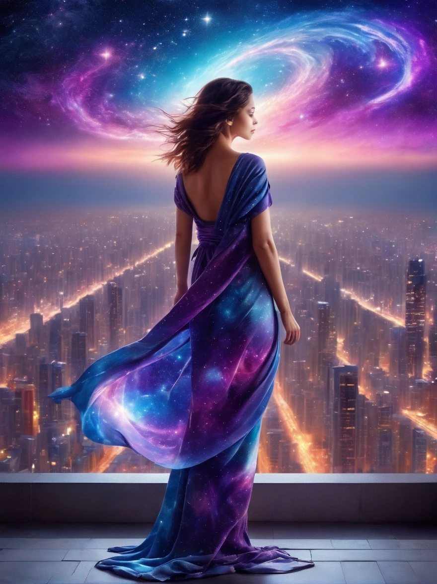 A female figure standing on the rooftop of a high-rise building, (Rooftop Focus), Surrounded by swirling currents of cosmic energy, In a dream, hazy scenery, The silhouette of a person is wrapped in flowing starlight, A flowing robe that blends in with the galaxy, the sky is A tapestry of deep purples and blues, Scattered with stars, The scenery below is of gentle rolling high-rise buildings, The scene is peaceful and sublime, Capturing the magnificent essence of the universe in a single way, Contemplative figure standing in awe, UHD, masterpiece, ccurate, anatomically correct, best quality, 8k