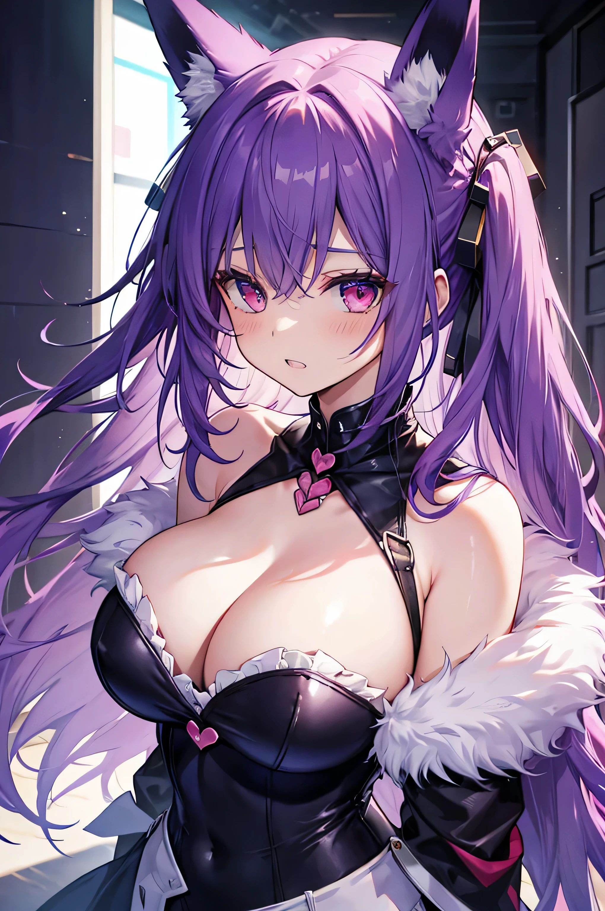 Fox Girl, Big Breasts, Voluminous purple hair, masterpiece , Red eyes、Double teeth、tooth、Blushed cheeks、 hd, from head to chest, buried in my chest、Underbust、Cleavage、Bunny girl