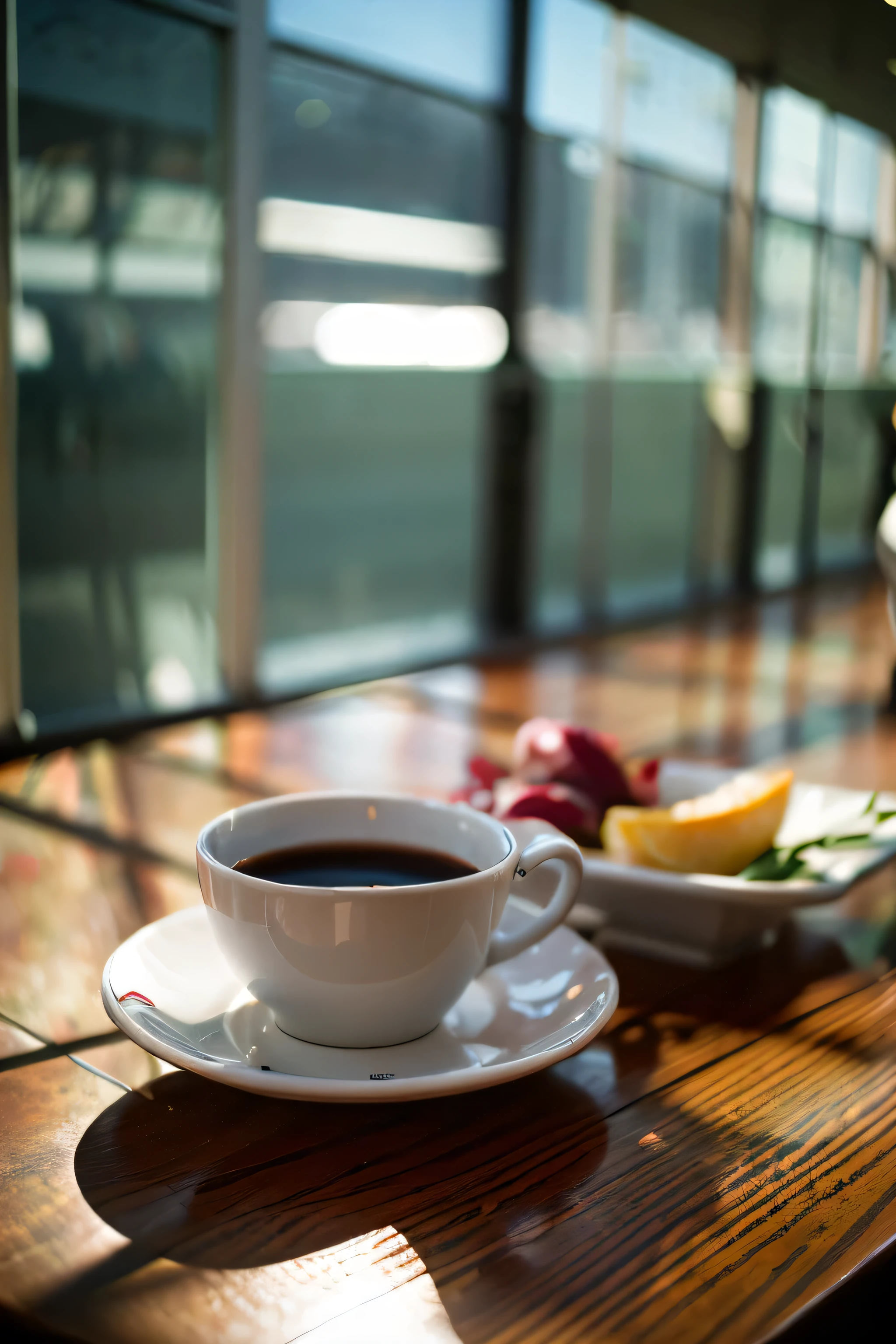 (masterpiece, highest quality:1.2), Breakfast table in private hotel room, morning sunshine, bright screen, 50MM lens、f/1.depiction of 2、