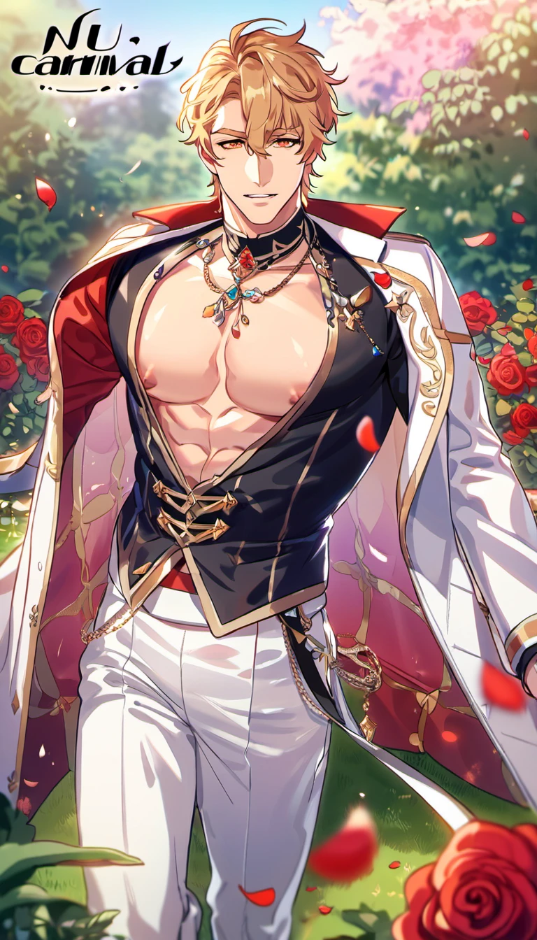 absurdres, highres, ultra detailed, HDR, master piece, best quality, Quincy, blond messy hair, expressive orange eyes, Nu Carnival, solo, sexy man, handsome, fantasy black prince clothes, white pants, accessories, showing the chest, garden, red roses, red petals