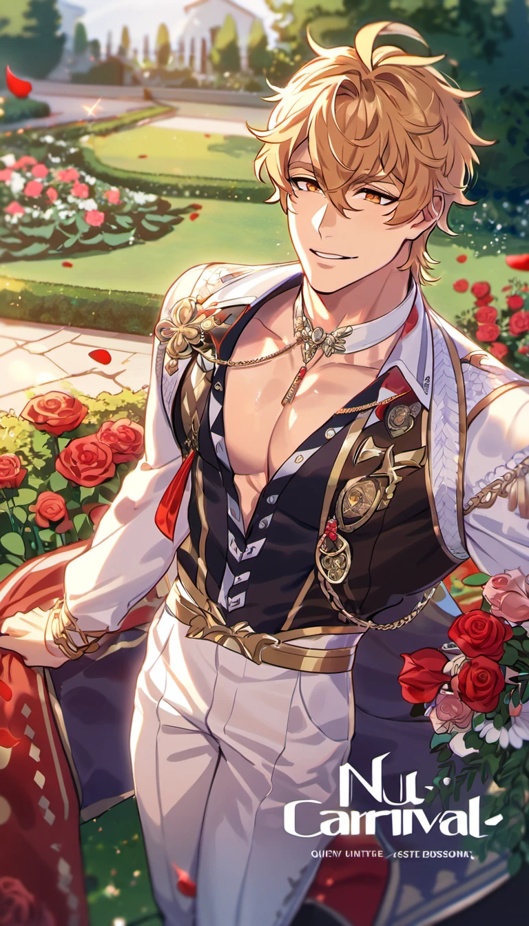 absurdres, highres, ultra detailed, HDR, master piece, best quality, Eiden, brown hair, expressive brown eyes, Nu Carnival, solo, sexy man, handsome, fantasy black prince clothes, white pants, accessories, showing the chest, garden, red roses, red petals