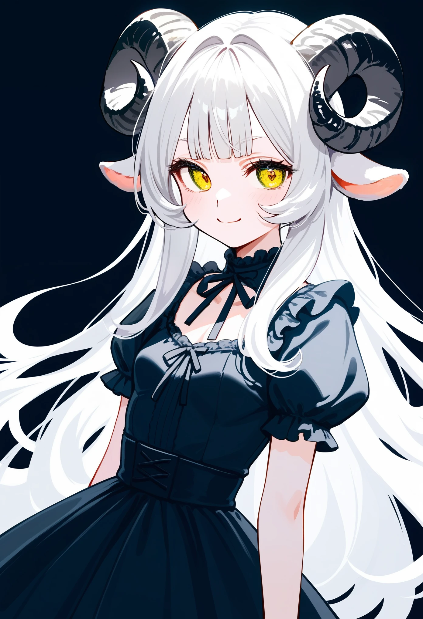 (score_9, score_8_up, score_7_up), 1girl, solo, (sheep horns, curled horns, black horns:1.2), (black sheep ears), white hair, long hair, hime cut, long bangs, pale skin, yellow eyes, evil smile, smug, small breasts, standing, lolita fashion, (black dress, old fashioned), (white background, simple background), upper body, masterpiece, best quality