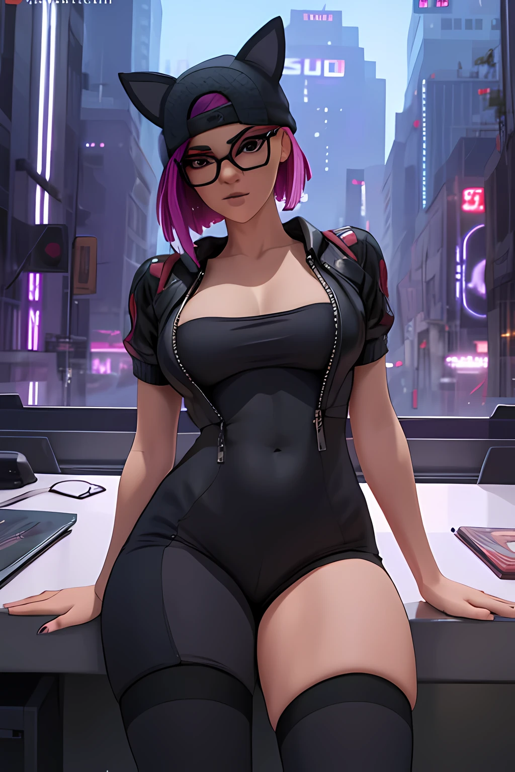 😻 lynx Cyberpunk, Noche, pulsera de picos,gorro , shorts ????? con Azul leggins Negro ,chaqueta azul oscuro ,Extremadamente detallado, rostro detallado, gafas ,hermoso rostro, ojos finos, mirando al espectador, dynamic pose 