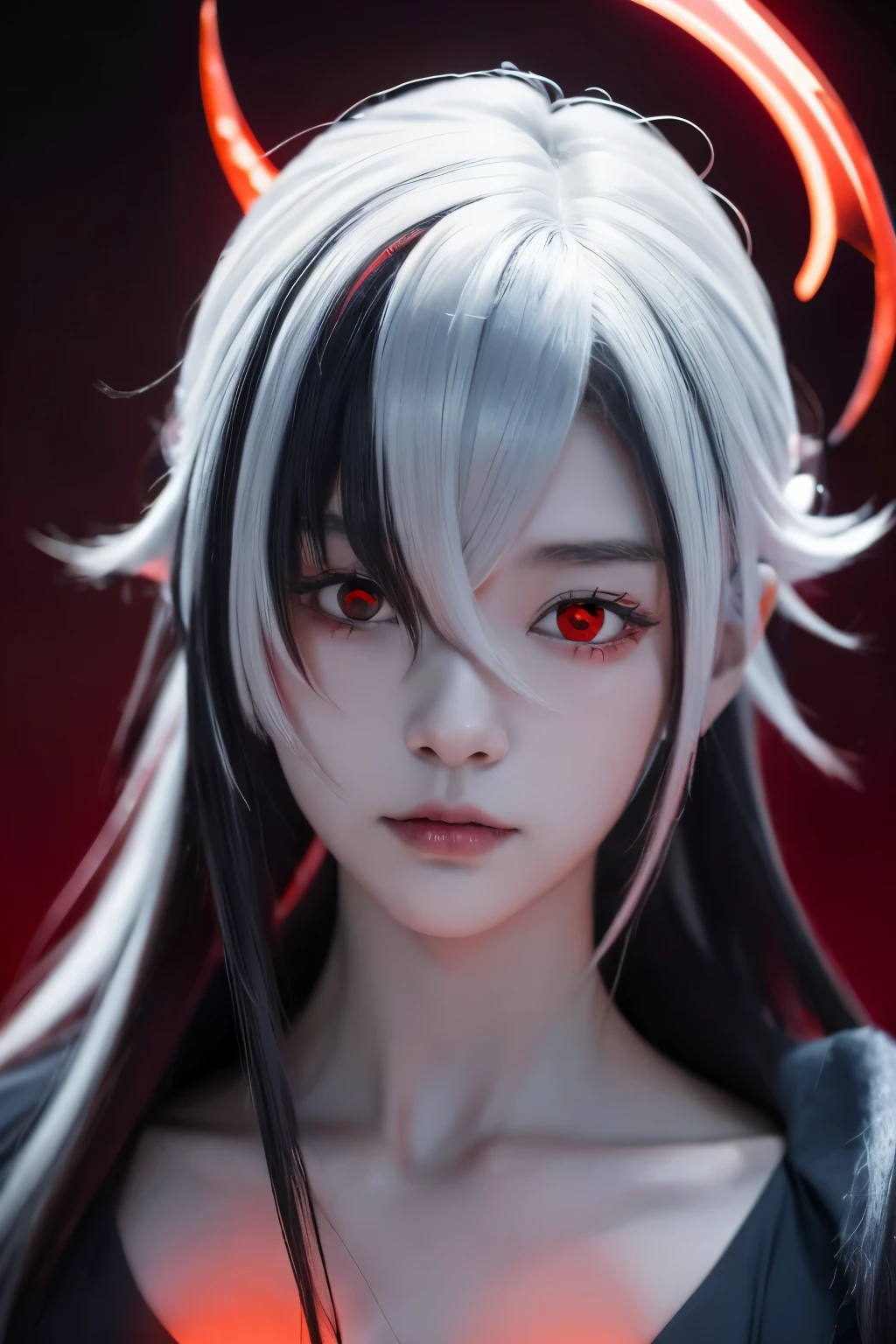 anime, anime, anime girl,with red glowing eyes, portrait gapmoe yandere grimdark, gapmoe yandere grimdark, with glowing red eyes, beautiful female god of death, handsome japanese demon girl, holding red sickles polearm,yandere face