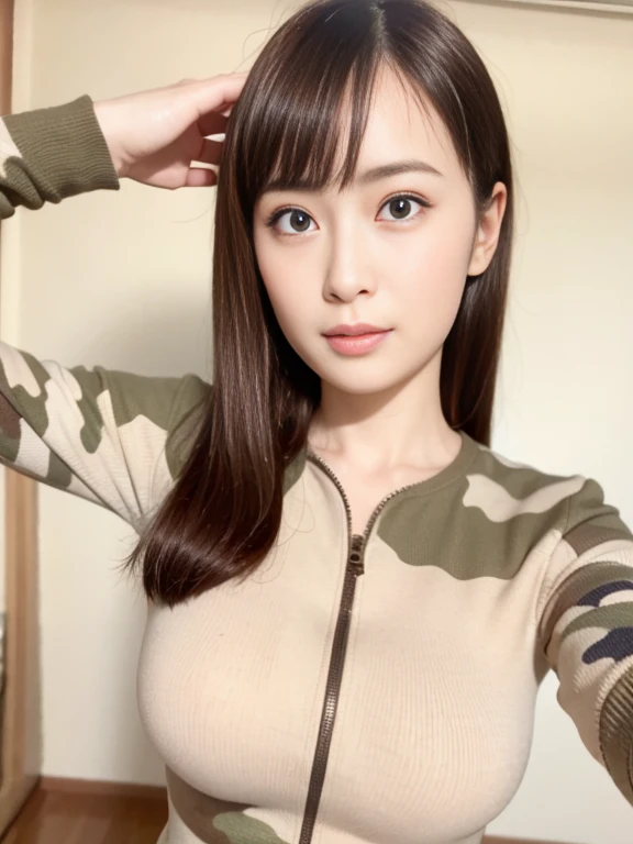 Salute to the camera、Accurate hands、Camouflage military uniform、Highly revealing、Wearing a medal、Japanese women,（whole body）、mini skirt、26 years old、 Very beautiful face,  Beautiful girls, Beautiful realistic face,  