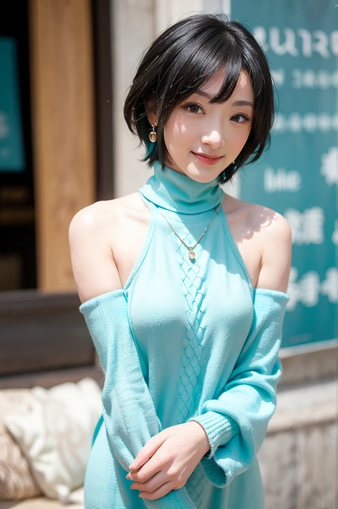 (red lips:1.4), full body, (turtleneck cable knit oversize sweater dress:1.2), , 1girl,solo,
(8k, RAW photo, best quality, masterpiece:1.3),(realistic, photo-realistic:1.37),realistic skin texture,(photorealistic:1.3),(hyperrealistic:1.2), (short hair:1.4) , seducting pose, (cyan colored clothes:1.7), (cyan hair:1.7), (seducting smile:1.4), (detached sleeves:1.4), (cheek dimples:1.4), (narrow shoulders:1.7), earrings, golden necklace, 