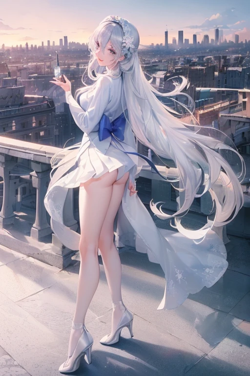 official art, masterpiece, Sharp focus, (Beautiful, gorgeous and cute Korean woman:1.3), (beautiful and cute korean:1.3), Korean beauty, Exquisite and beautiful hair、Eyes and face, Practical, Ultra Detailed, beautiful girl, Blue sky, Glowing white particles, (Side Light:1.2), Sunlight, Baiyun, Detailed cloud, slim, Very cute big  and big butt, Smile with teeth bared, ((Smile with your eyes, Open your eyes)), landscape, Long and straight hair, sexy facial expression, architecture, (city View:1.7), Dynamic Hair, very Long and straight hair, Delicate platinum silver hair, Green eyes, Pink skirt, White socks, Pale skin, Hair accessories, epic landscape,White high heels，Nice butt，Beautiful buttocks，Nothing under the skirt