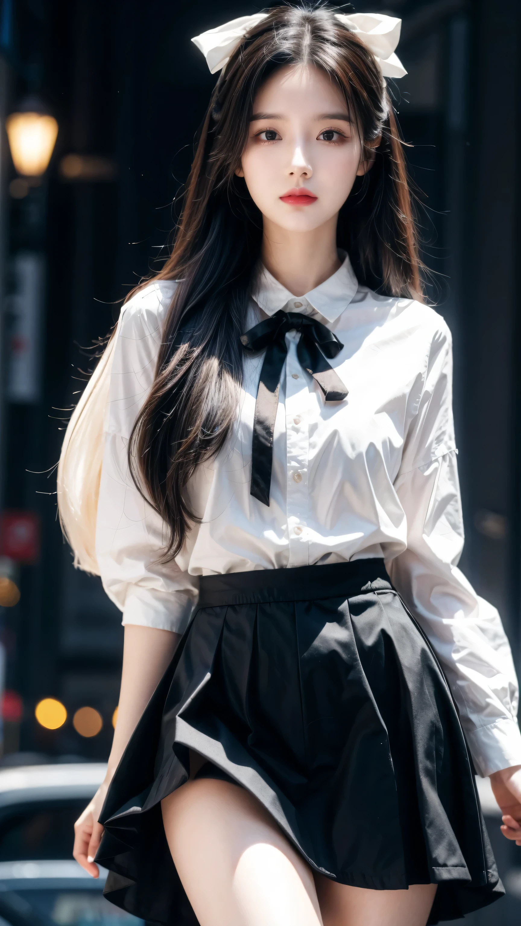 ((masterpiece, best quality)),Best aesthetics,1 Girl, Solitary, Long hair, Black skirt, flower, ribbon, black background, Black Hair, Rose, hair ribbon, Green Eyes, Long sleeve, white Rose, Shut up, black ribbon, Upper Body, Movie Lighting