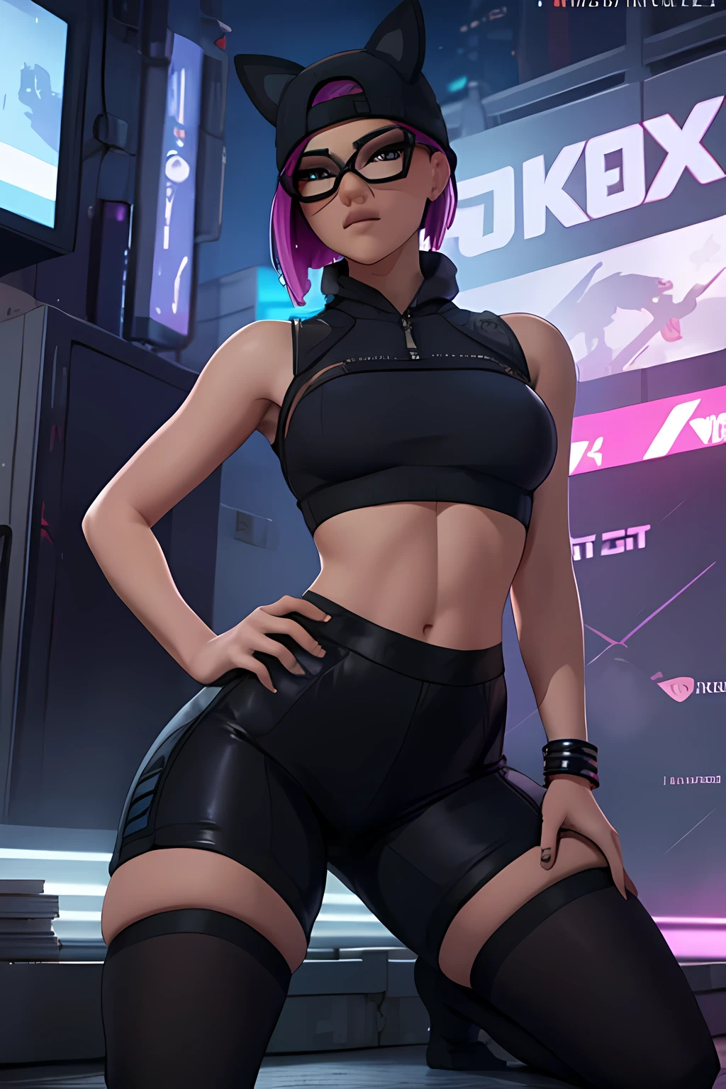 😻 lynx Cyberpunk, Noche, pulsera de picos,gorro , shorts negro con Azul leggins Negro ,chaqueta azul oscuro ,Extremadamente detallado, rostro detallado, gafas ,hermoso rostro, ojos finos, mirando al espectador, dynamic pose