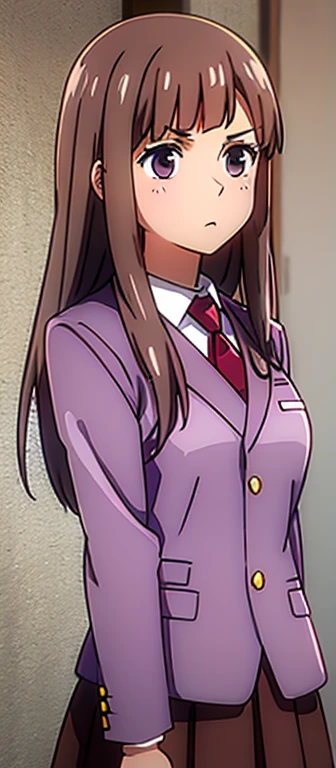 chocolate brown hair, lilac eyes, red skirt, white t-shirt and pink blazer