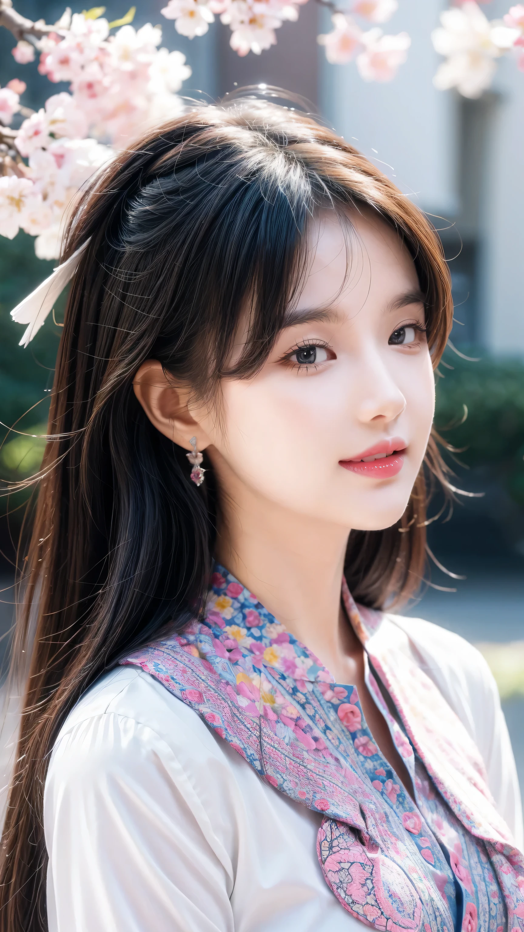 Degree uniform, Bachelor's robe, Mortar board, Square cap, University Campus, architecture, Cherry blossoms, Smile, 2 girls, Detailsed uniform, Look at the audience, (Sigma 85mm f1.4), Depth of Field, Bokeh, Detailed photorealistic background, Scattered natural sunlight, Diffuses natural skin radiance, Face focus, extremely detailed, (Abstract Background, Zentangle, Fractal Art:1.3), (Many colors, rich and colorful:1.1), (feather, petal, Flowers:1.3), earrings